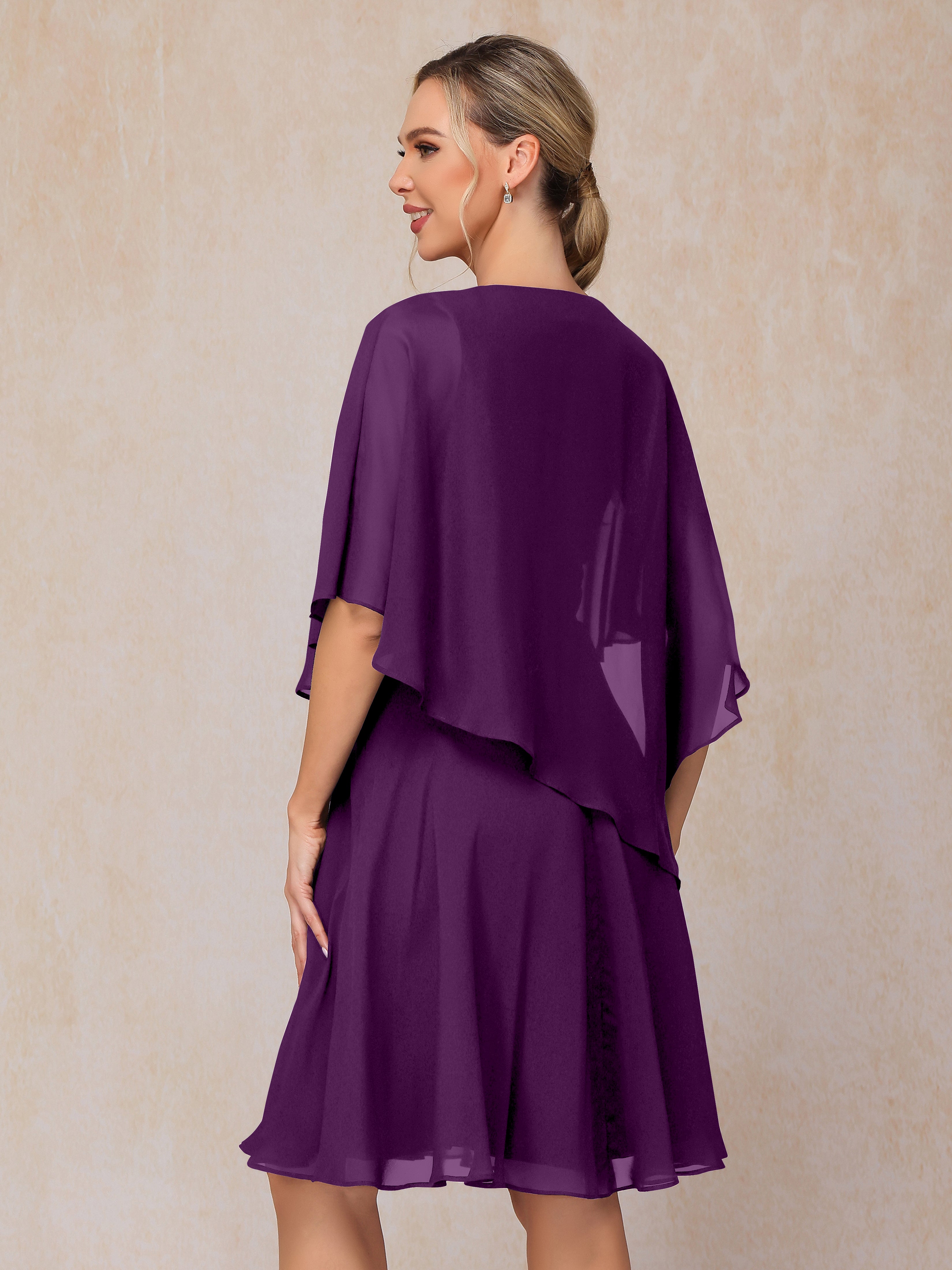 V Neck Short Sleeves Knee Length Chiffon Mother Of The Bride Dress
