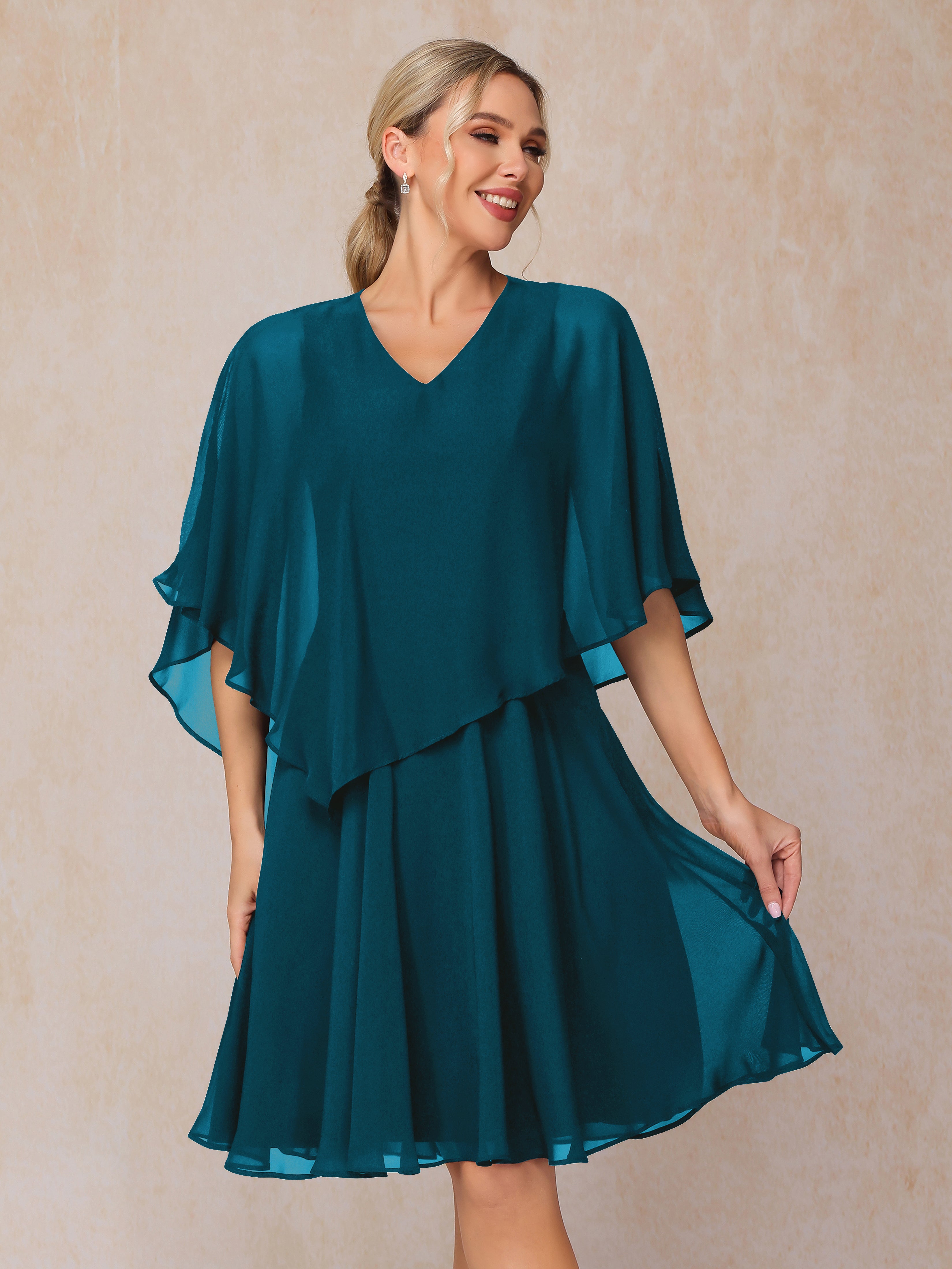 V Neck Short Sleeves Knee Length Chiffon Mother Of The Bride Dress