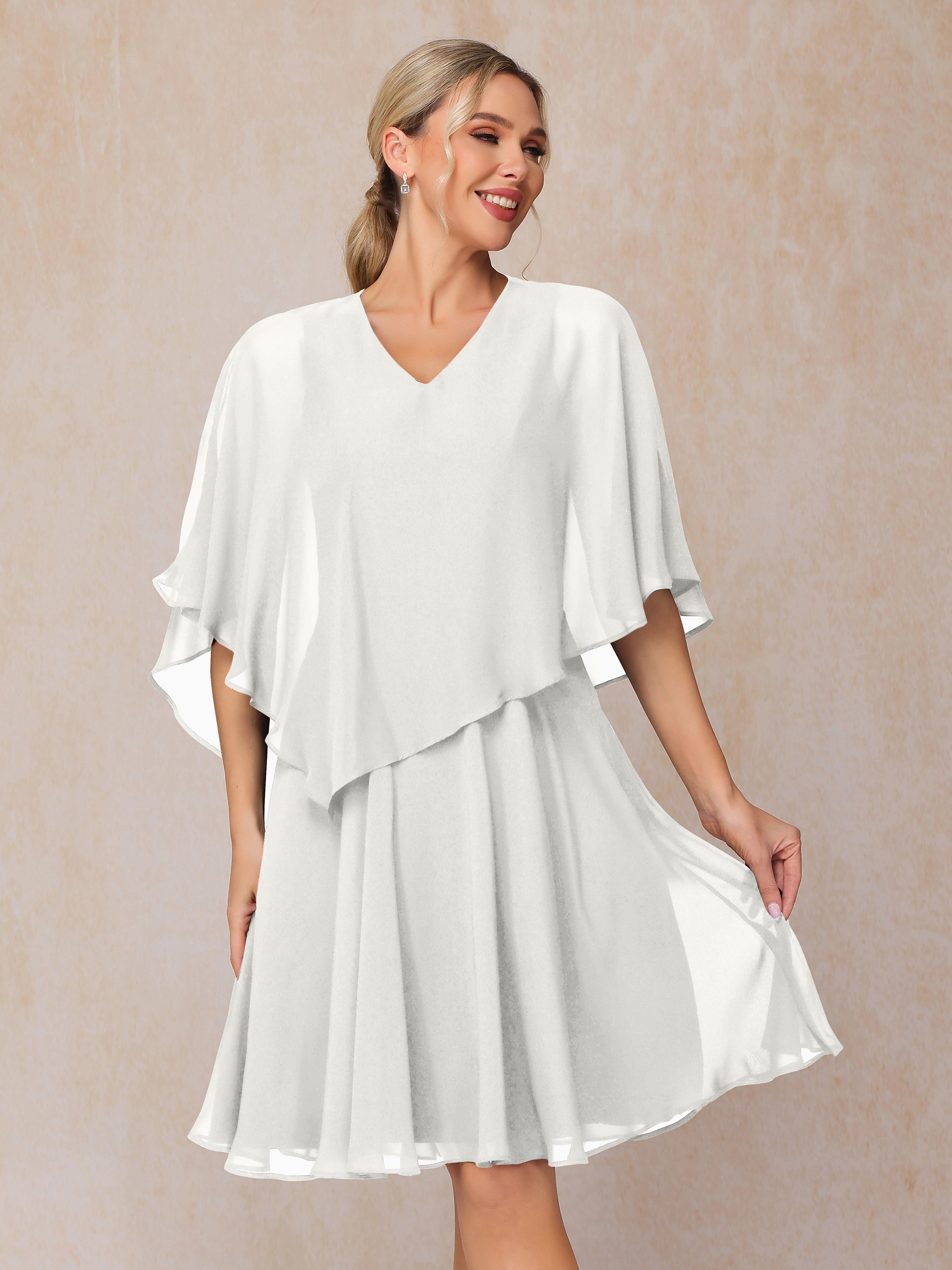 V Neck Short Sleeves Knee Length Chiffon Mother Of The Bride Dress