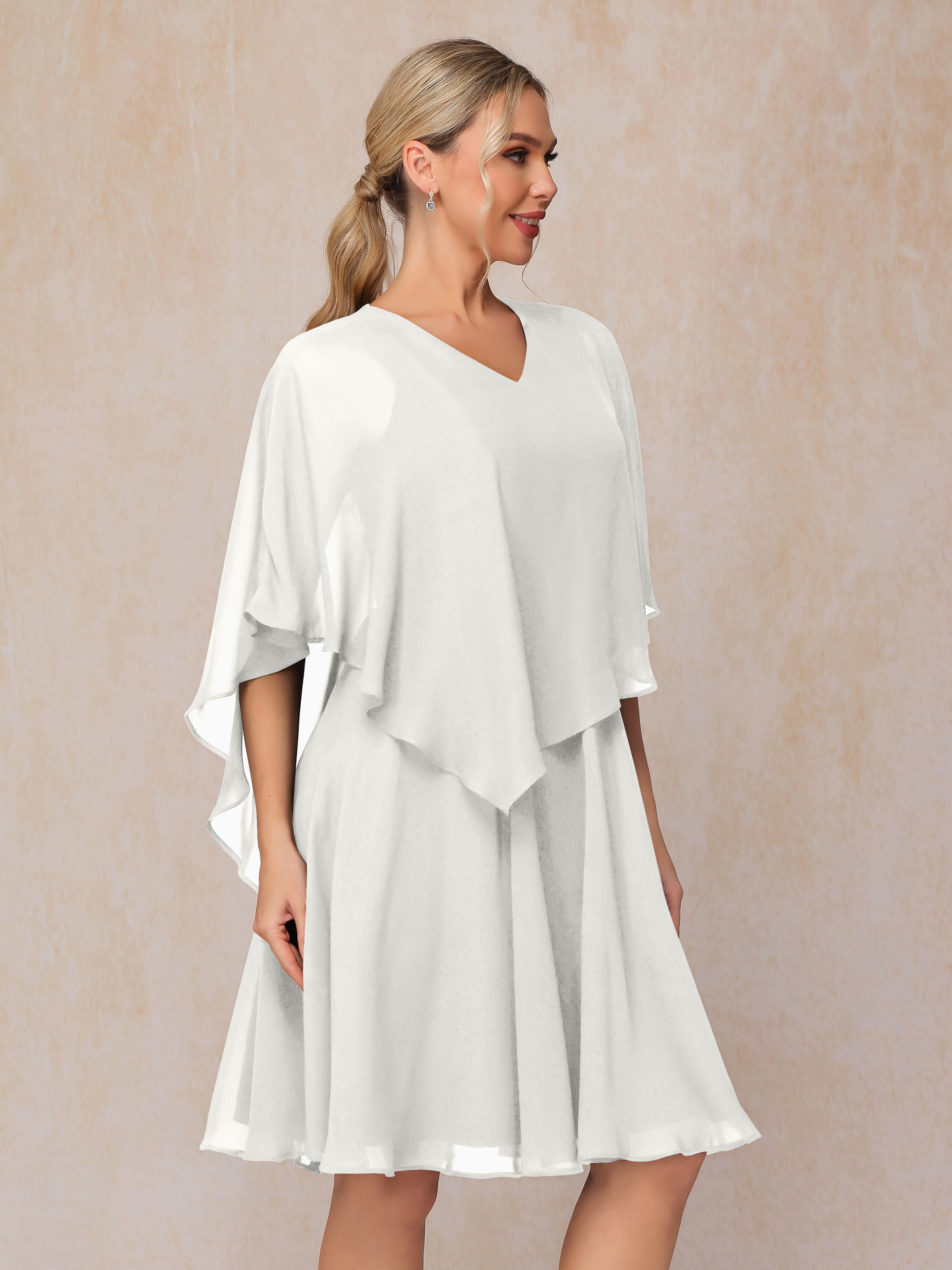 V Neck Short Sleeves Knee Length Chiffon Mother Of The Bride Dress