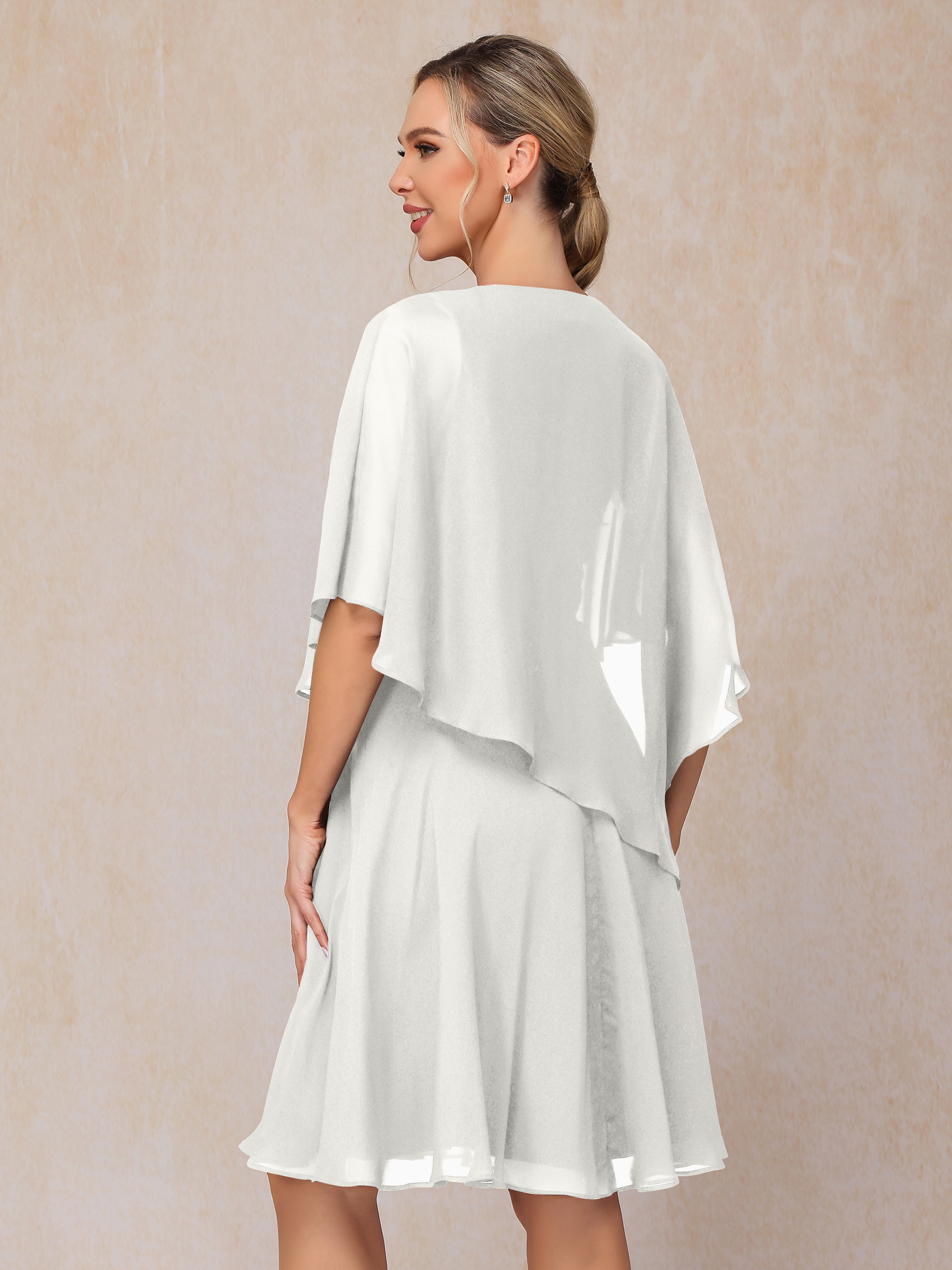 V Neck Short Sleeves Knee Length Chiffon Mother Of The Bride Dress