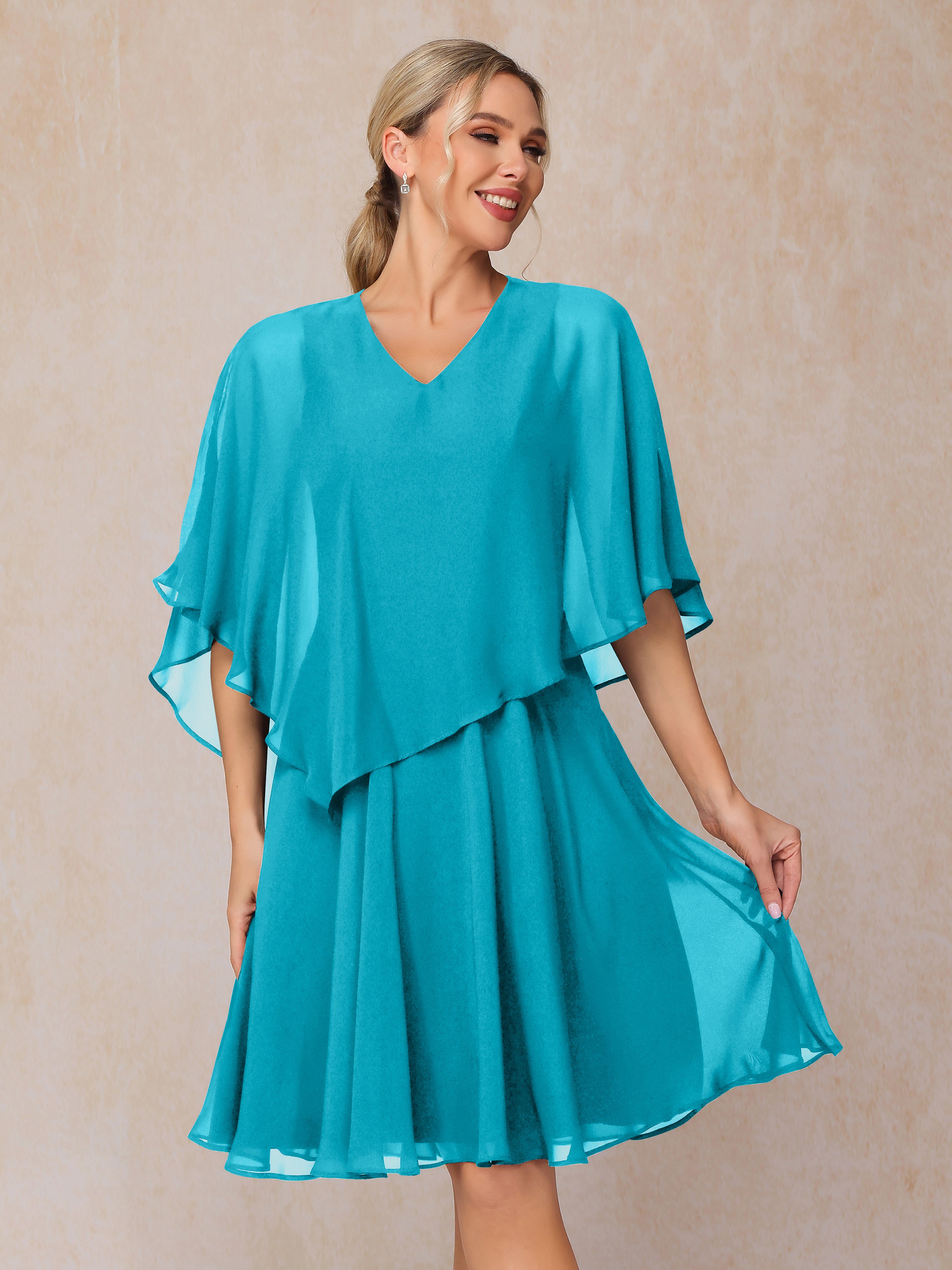 V Neck Short Sleeves Knee Length Chiffon Mother Of The Bride Dress
