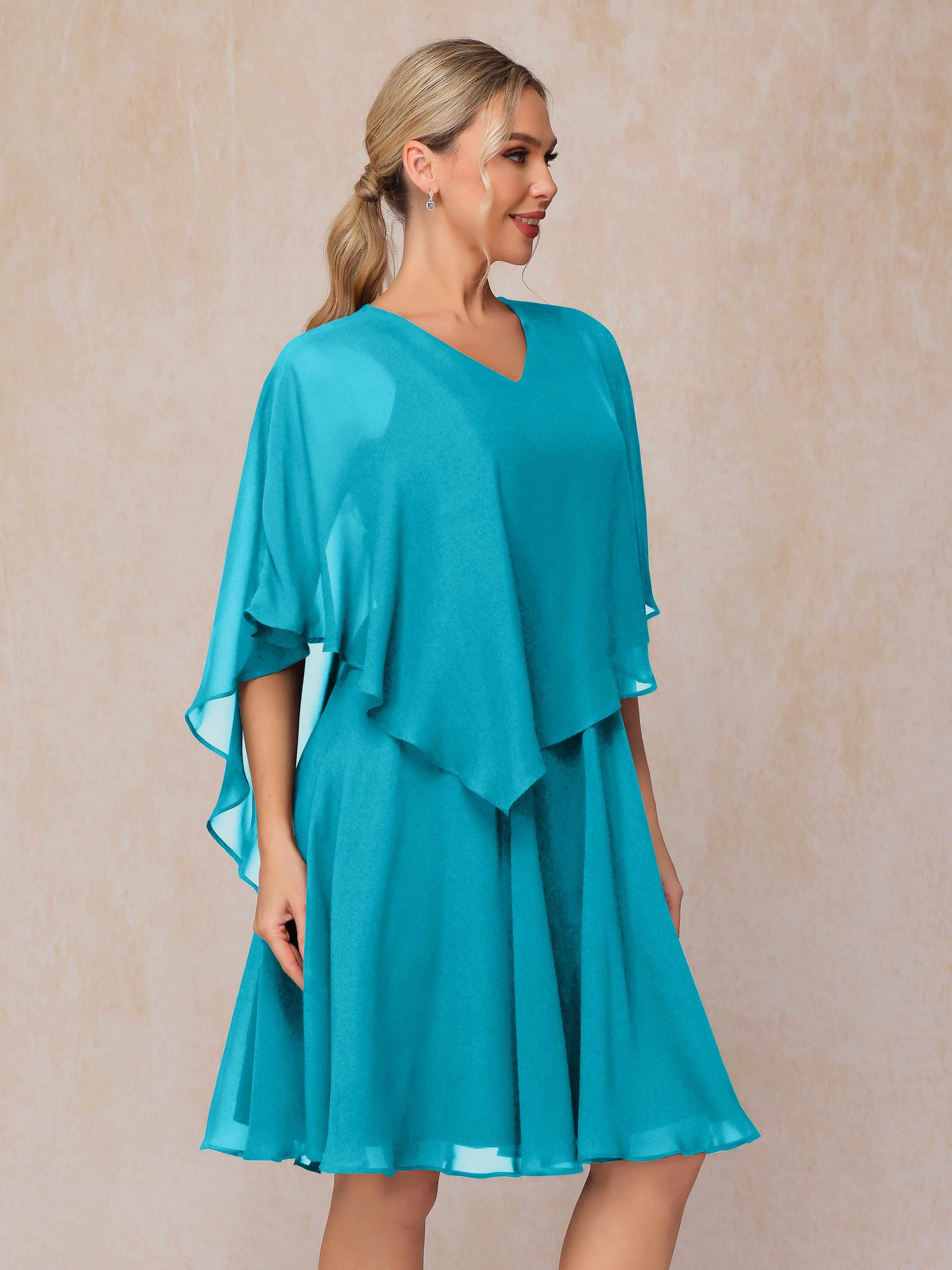 V Neck Short Sleeves Knee Length Chiffon Mother Of The Bride Dress
