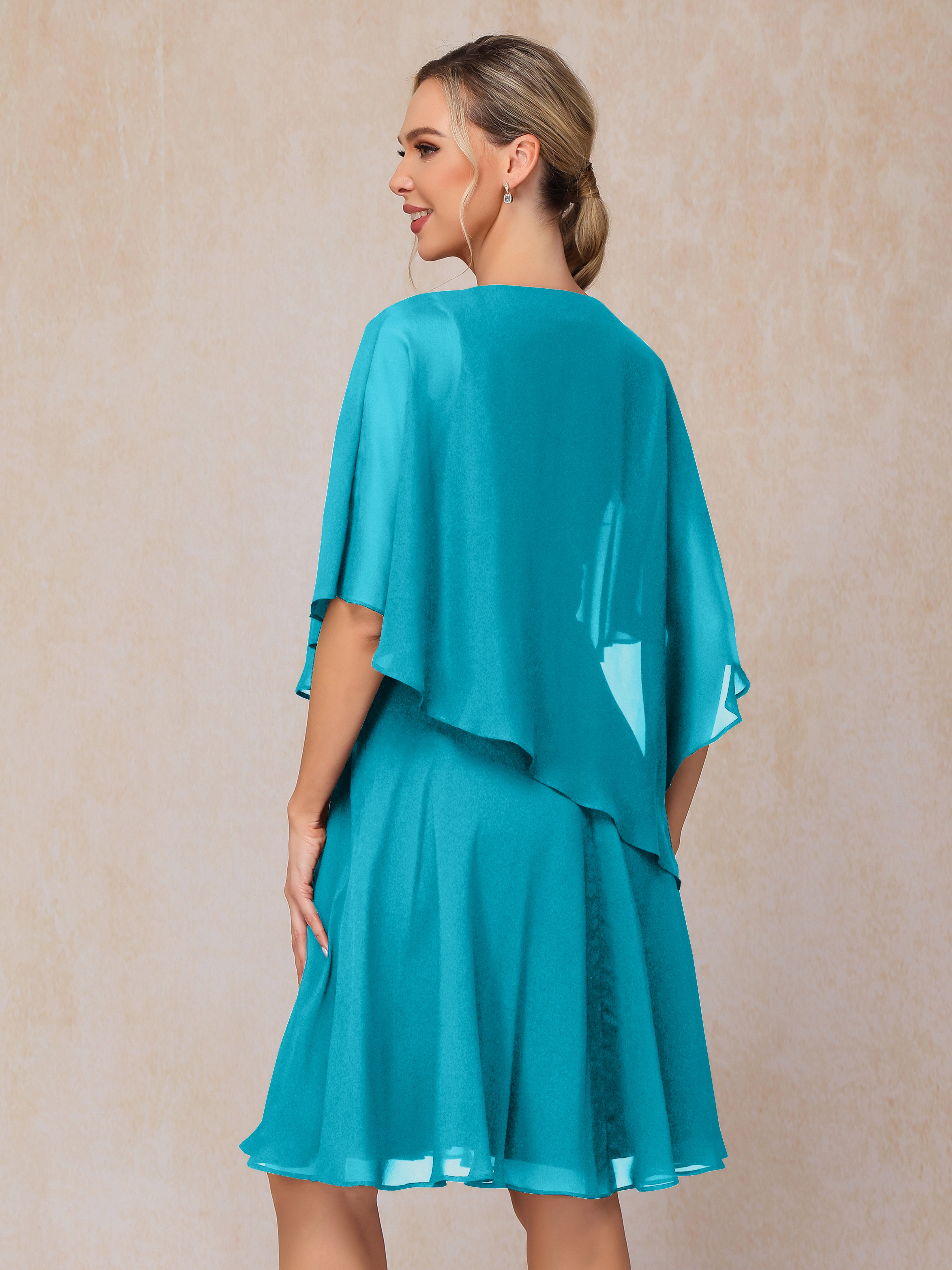 V Neck Short Sleeves Knee Length Chiffon Mother Of The Bride Dress