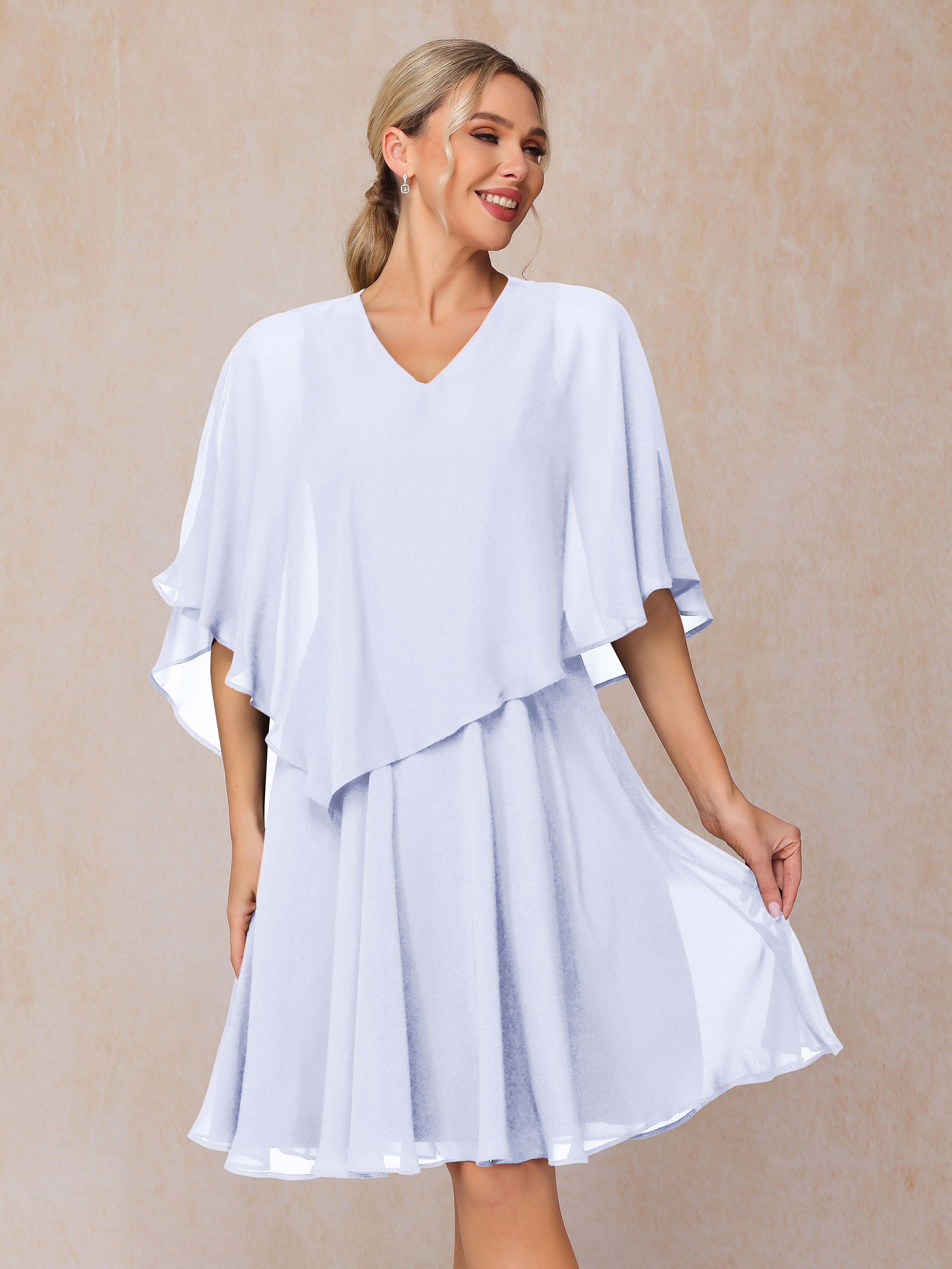 V Neck Short Sleeves Knee Length Chiffon Mother Of The Bride Dress