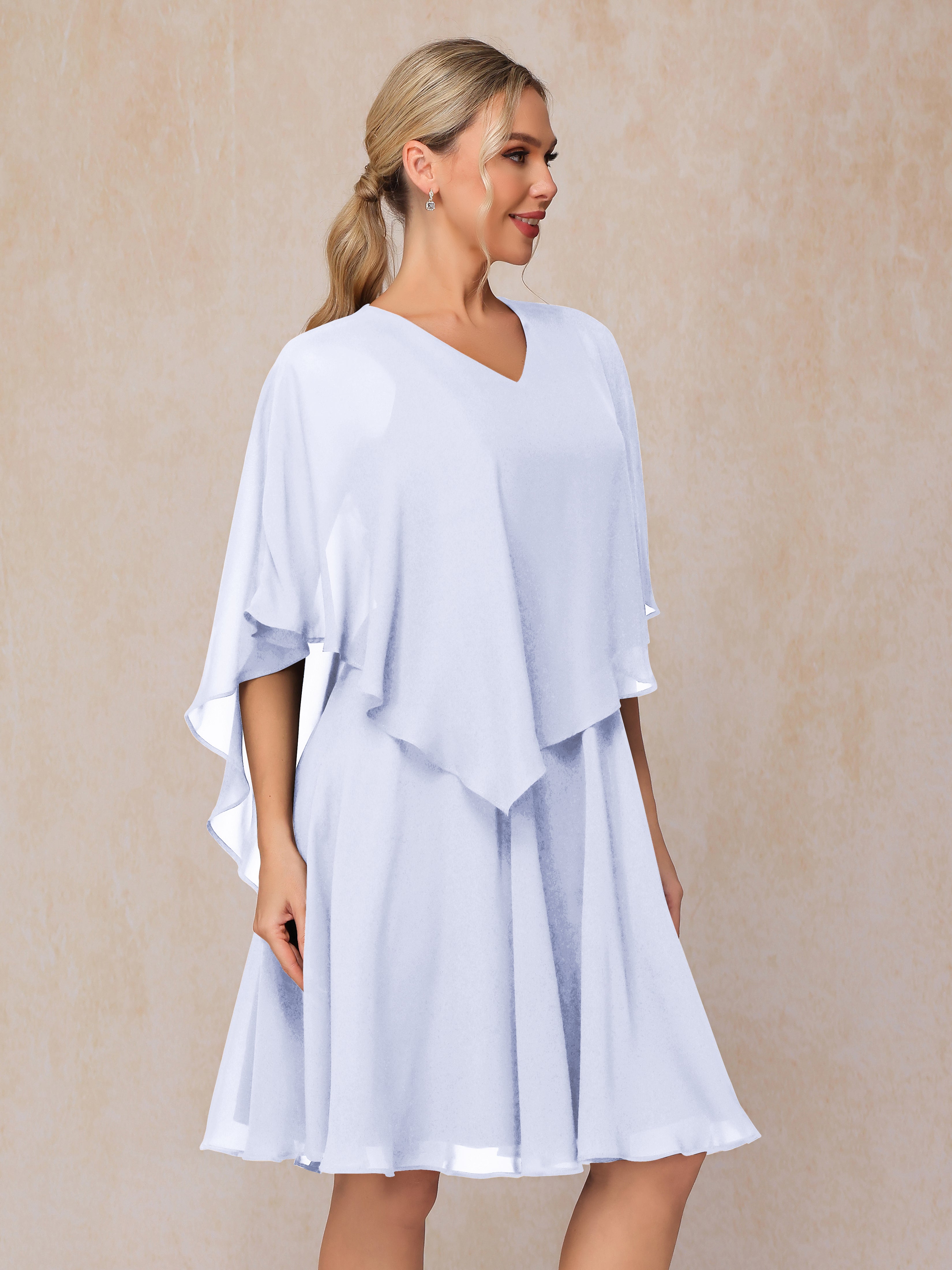 V Neck Short Sleeves Knee Length Chiffon Mother Of The Groom Dress