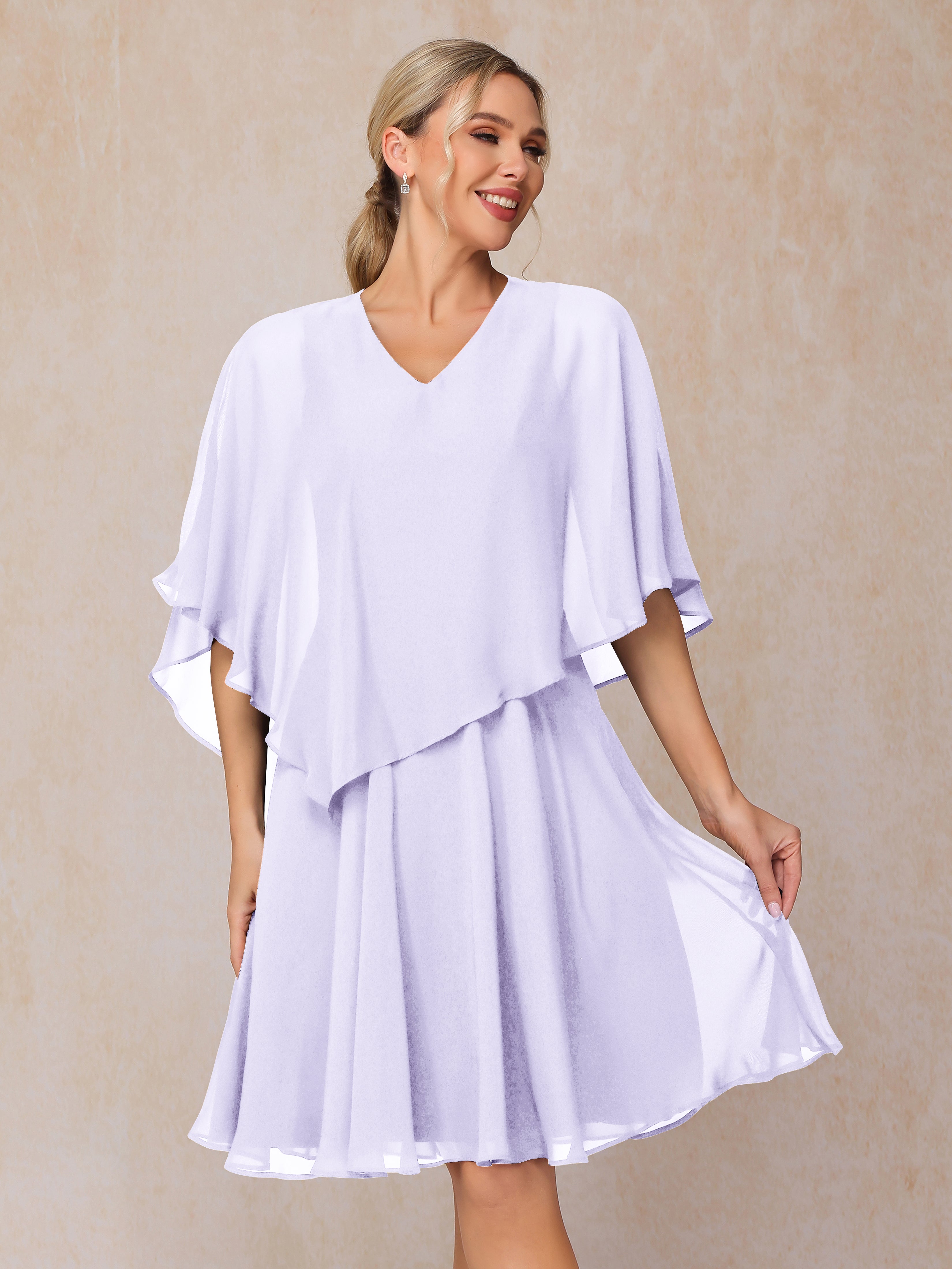 V Neck Short Sleeves Knee Length Chiffon Mother Of The Bride Dress