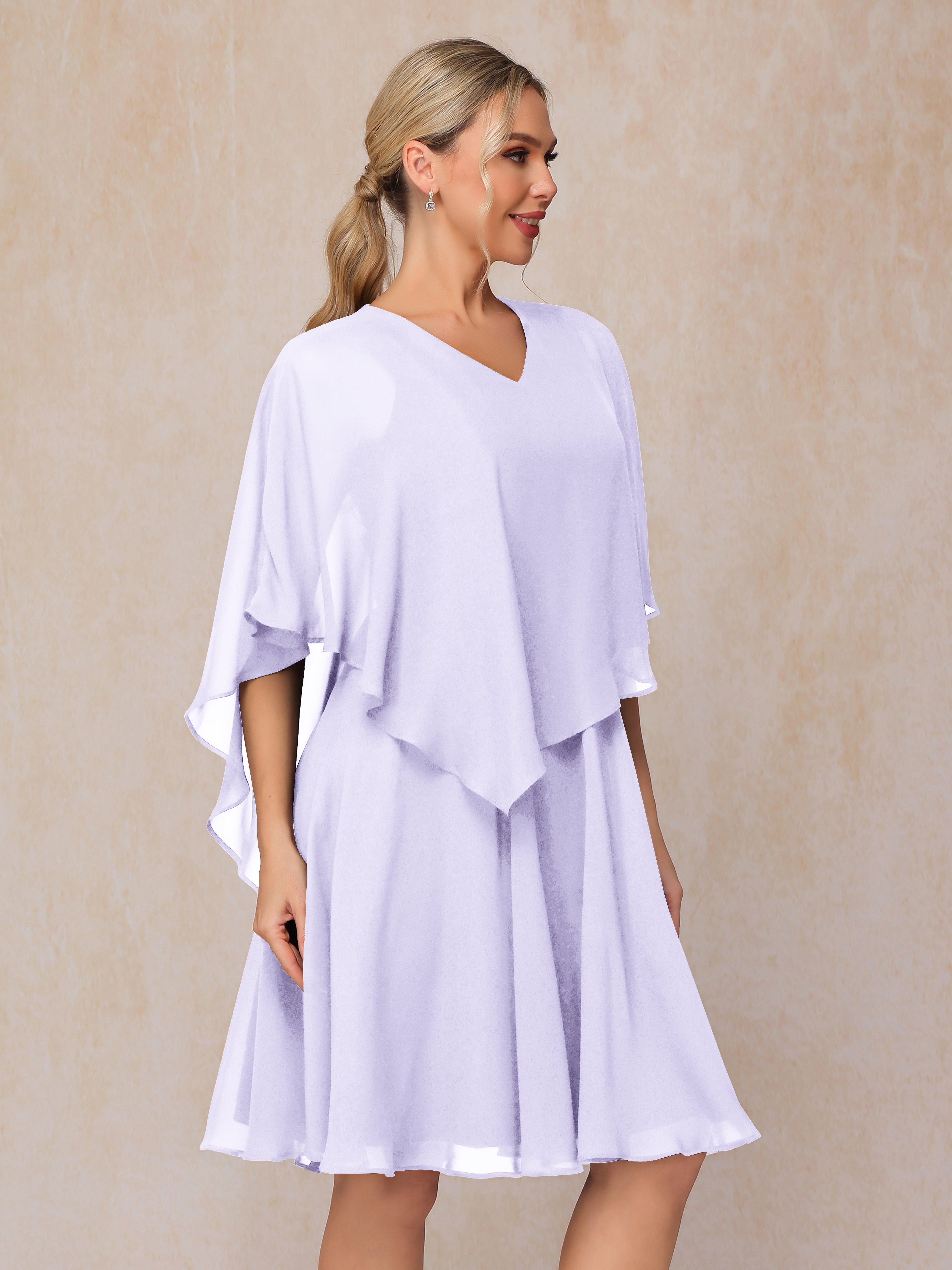 V Neck Short Sleeves Knee Length Chiffon Mother Of The Groom Dress