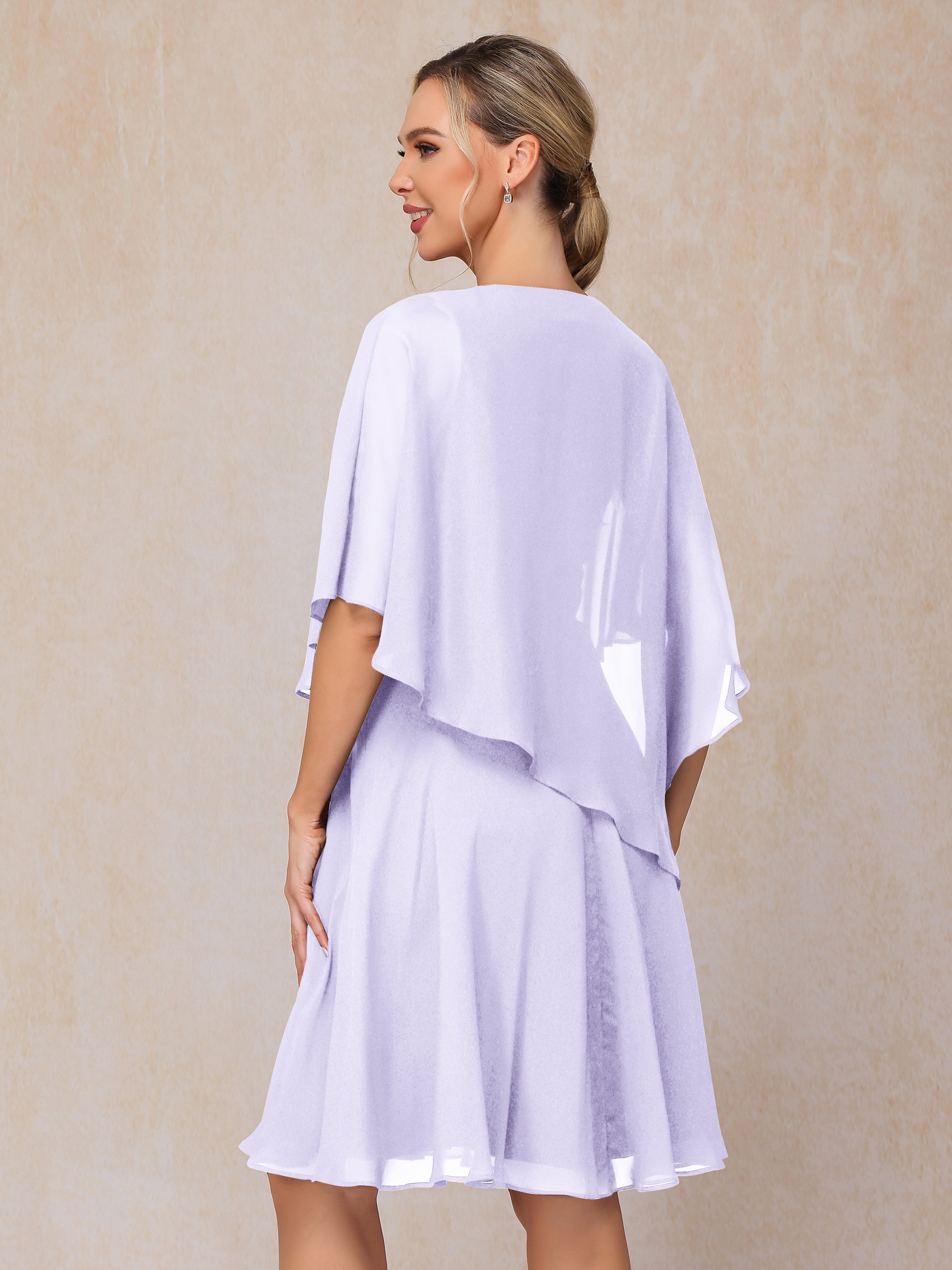 V Neck Short Sleeves Knee Length Chiffon Mother Of The Bride Dress