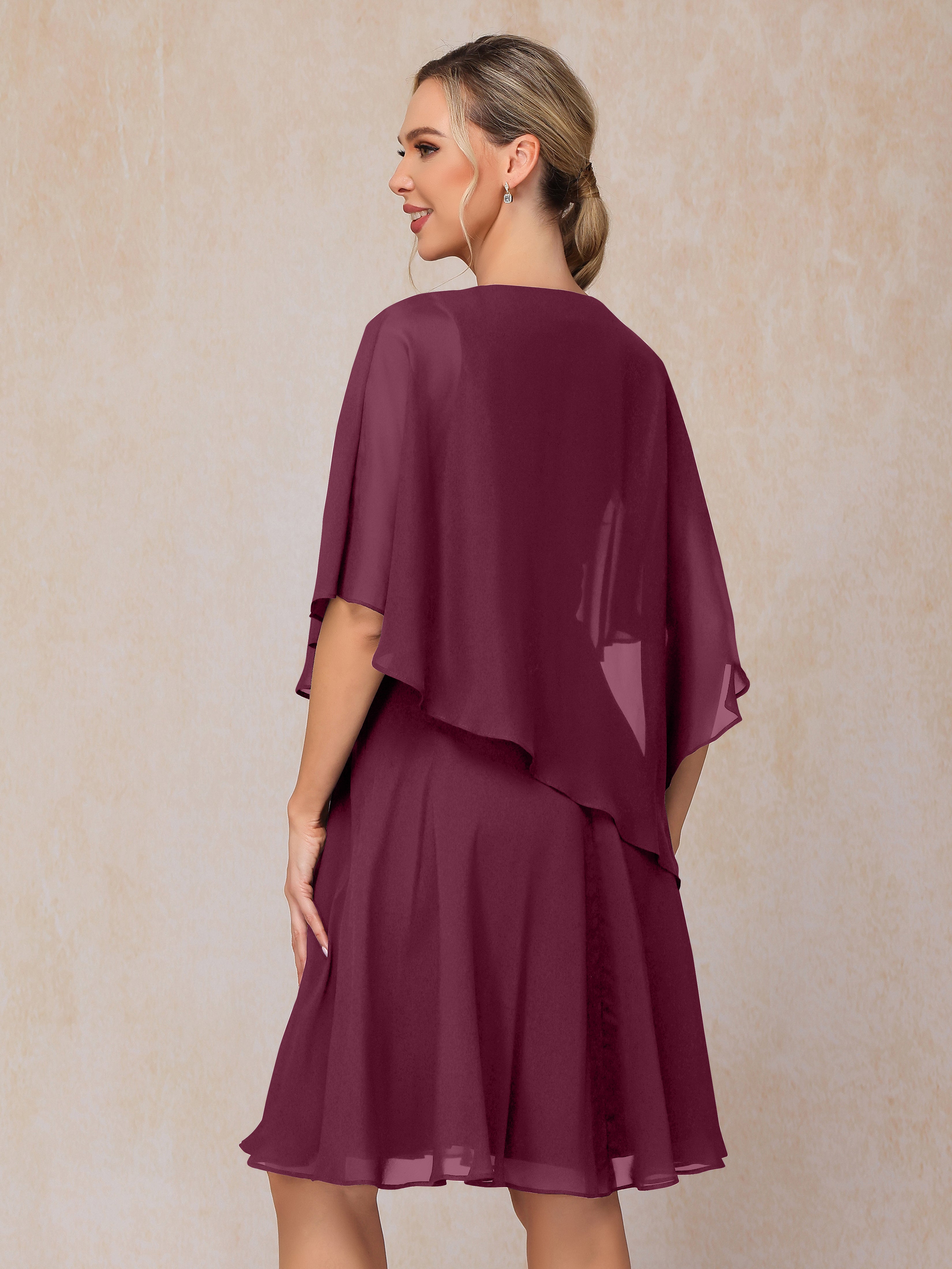 V Neck Short Sleeves Knee Length Chiffon Mother Of The Bride Dress