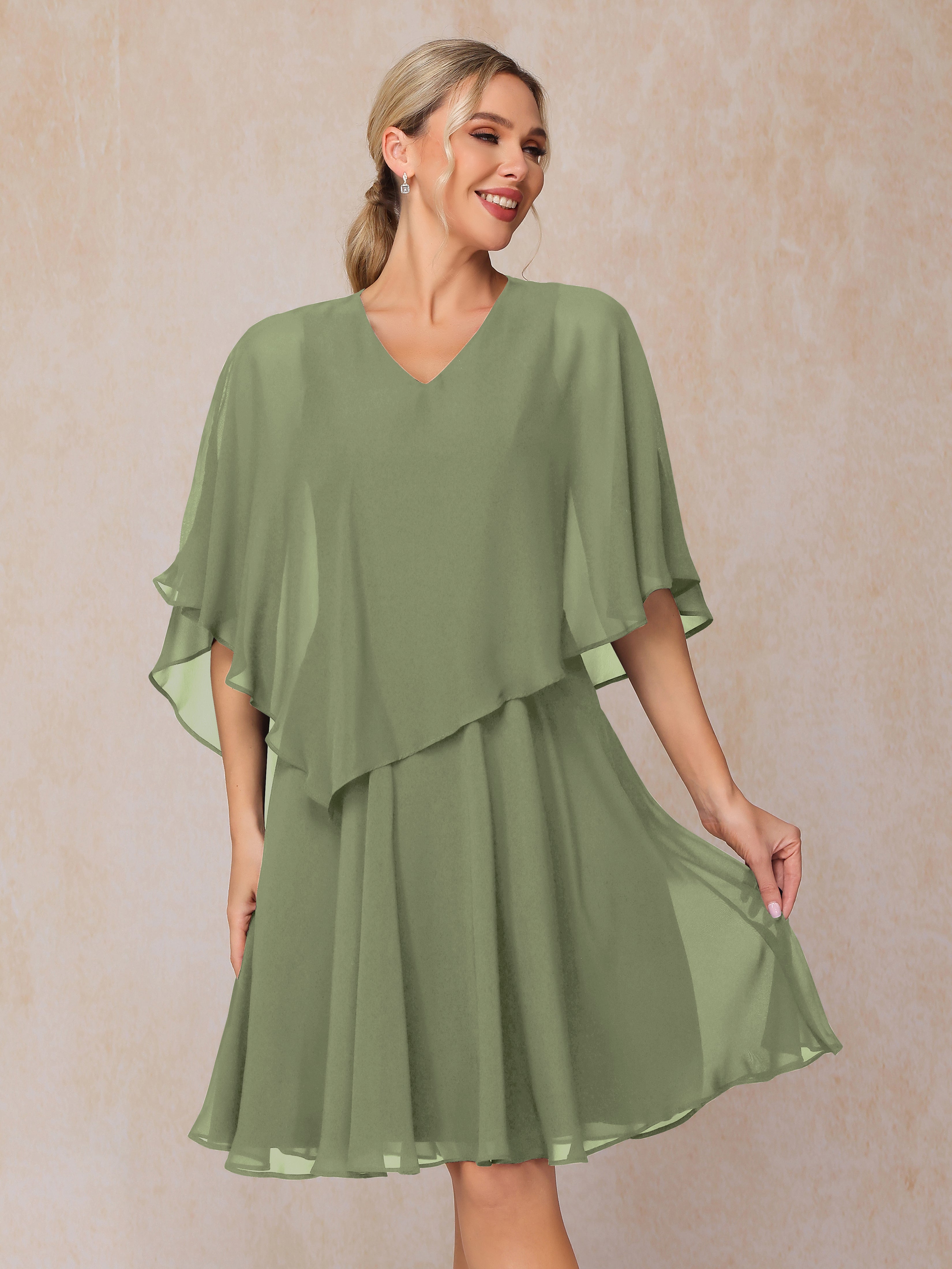 V Neck Short Sleeves Knee Length Chiffon Mother Of The Bride Dress