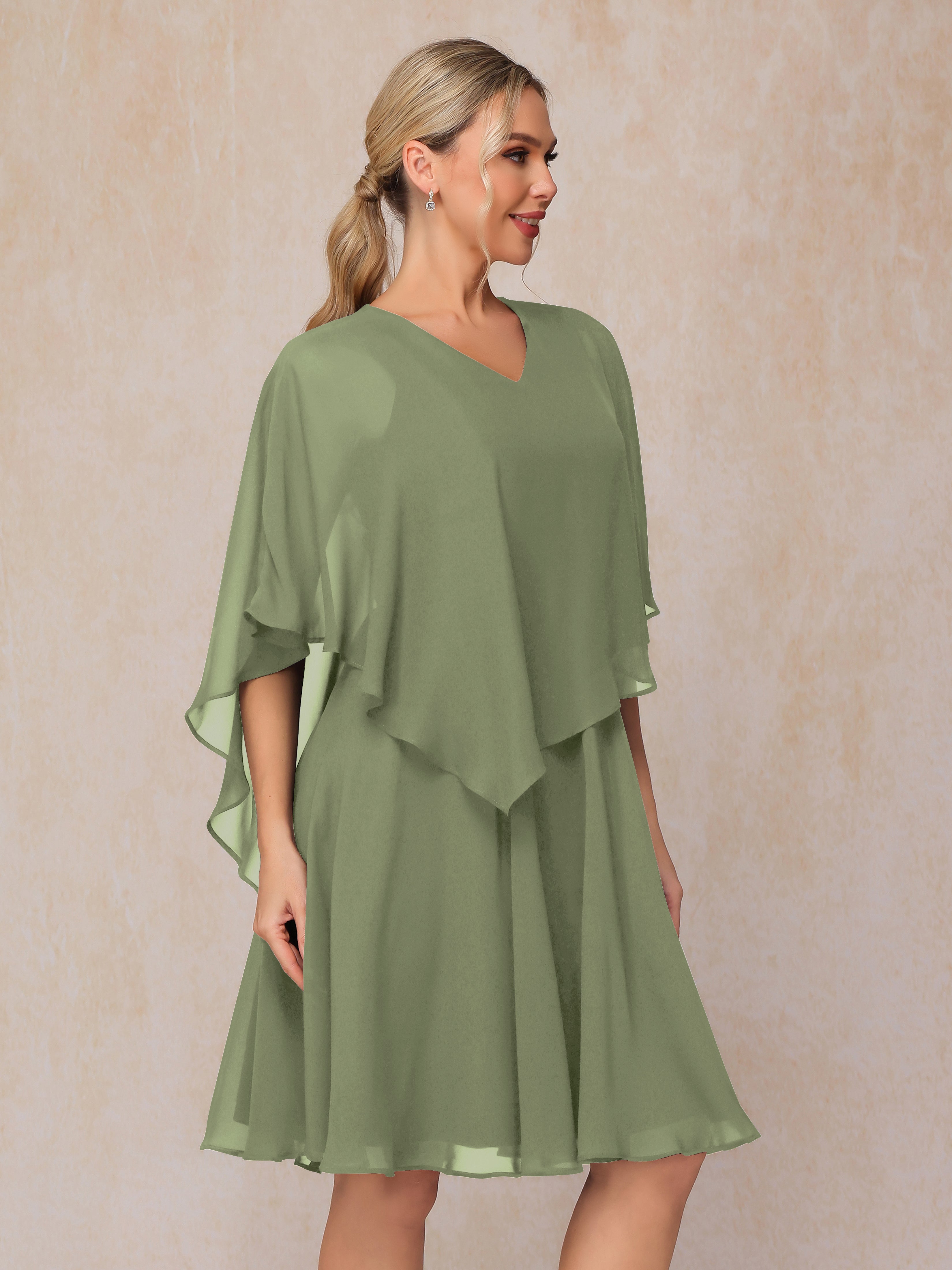 V Neck Short Sleeves Knee Length Chiffon Mother Of The Bride Dress