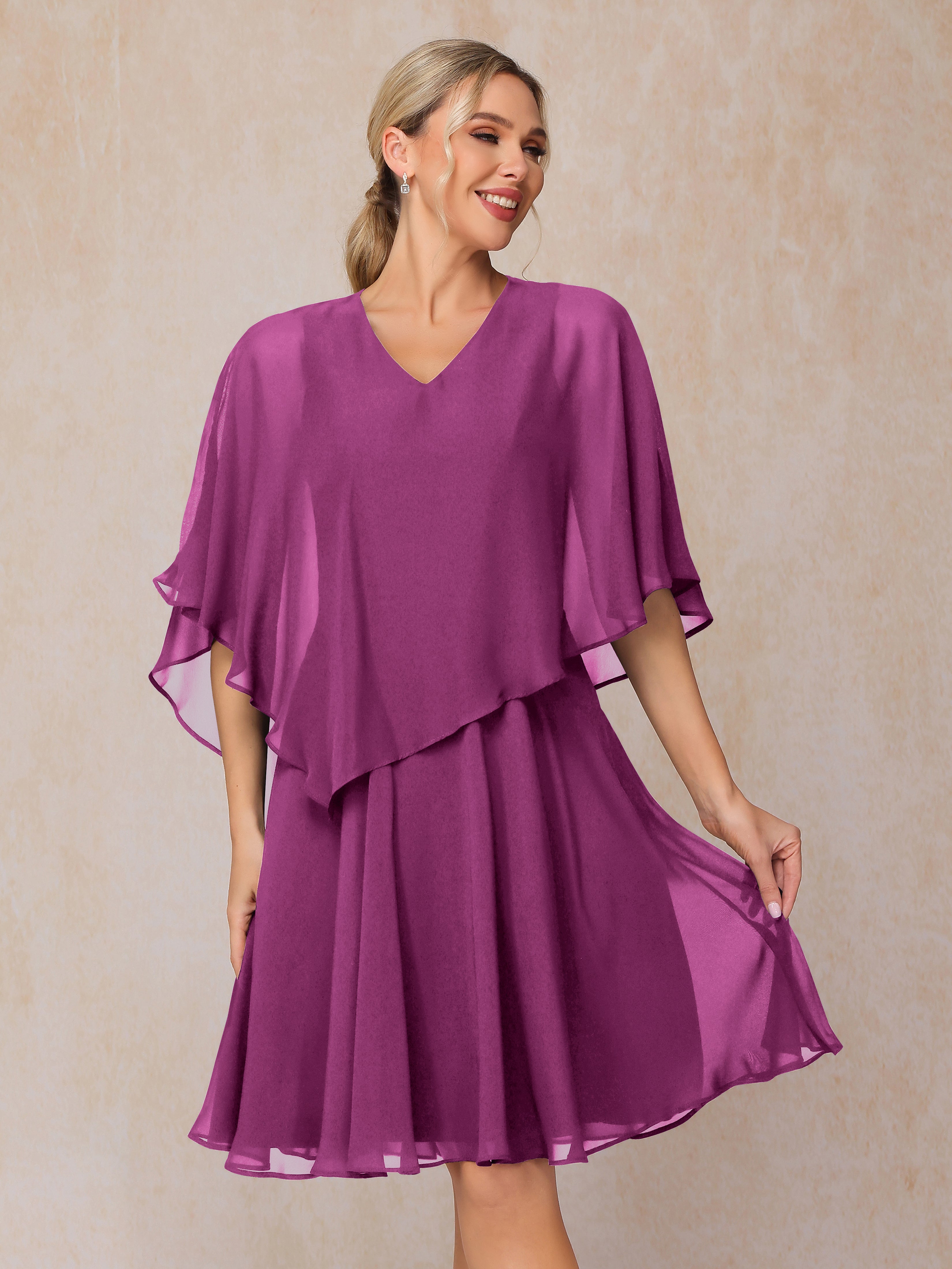 V Neck Short Sleeves Knee Length Chiffon Mother Of The Bride Dress