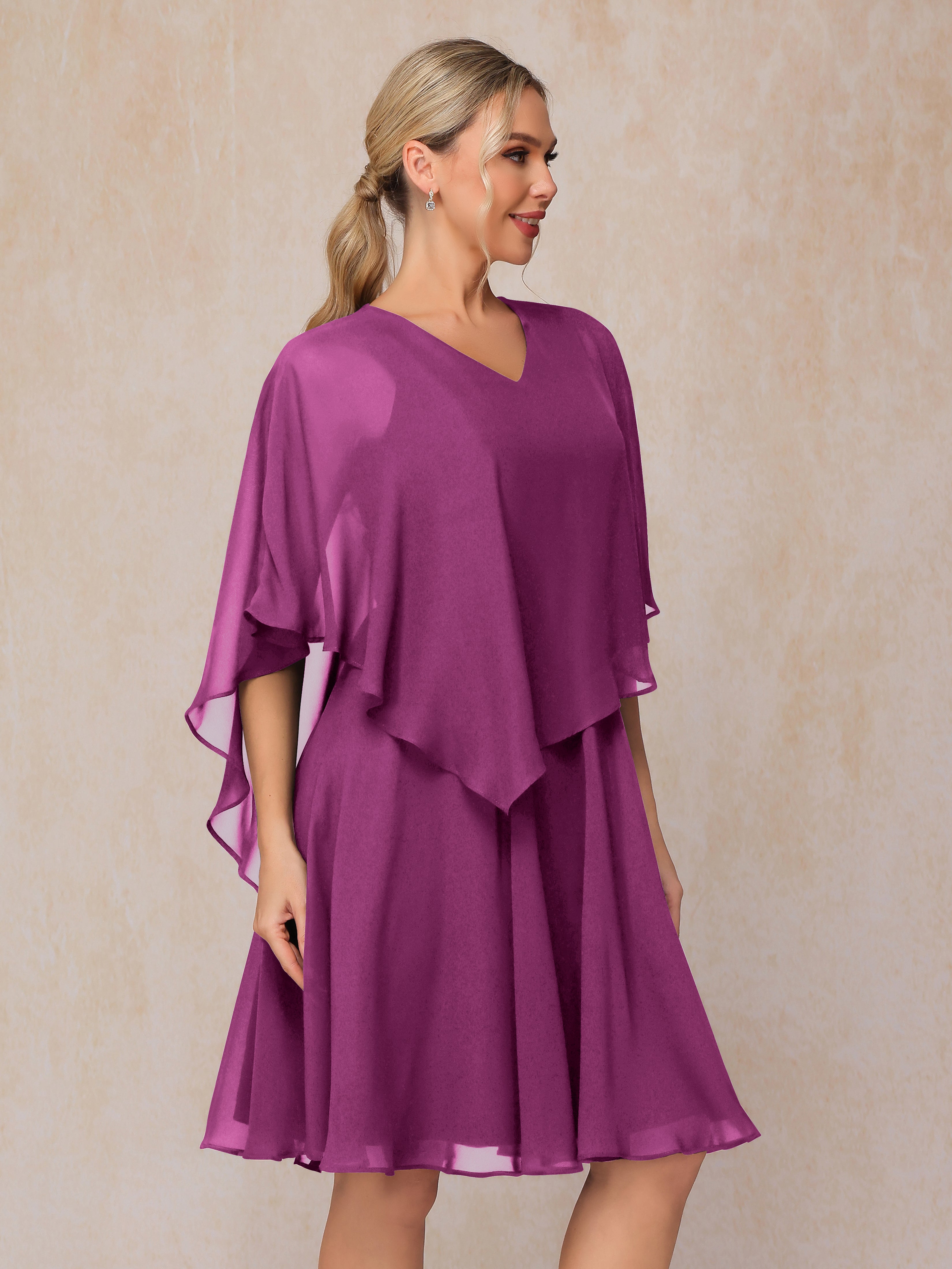V Neck Short Sleeves Knee Length Chiffon Mother Of The Bride Dress