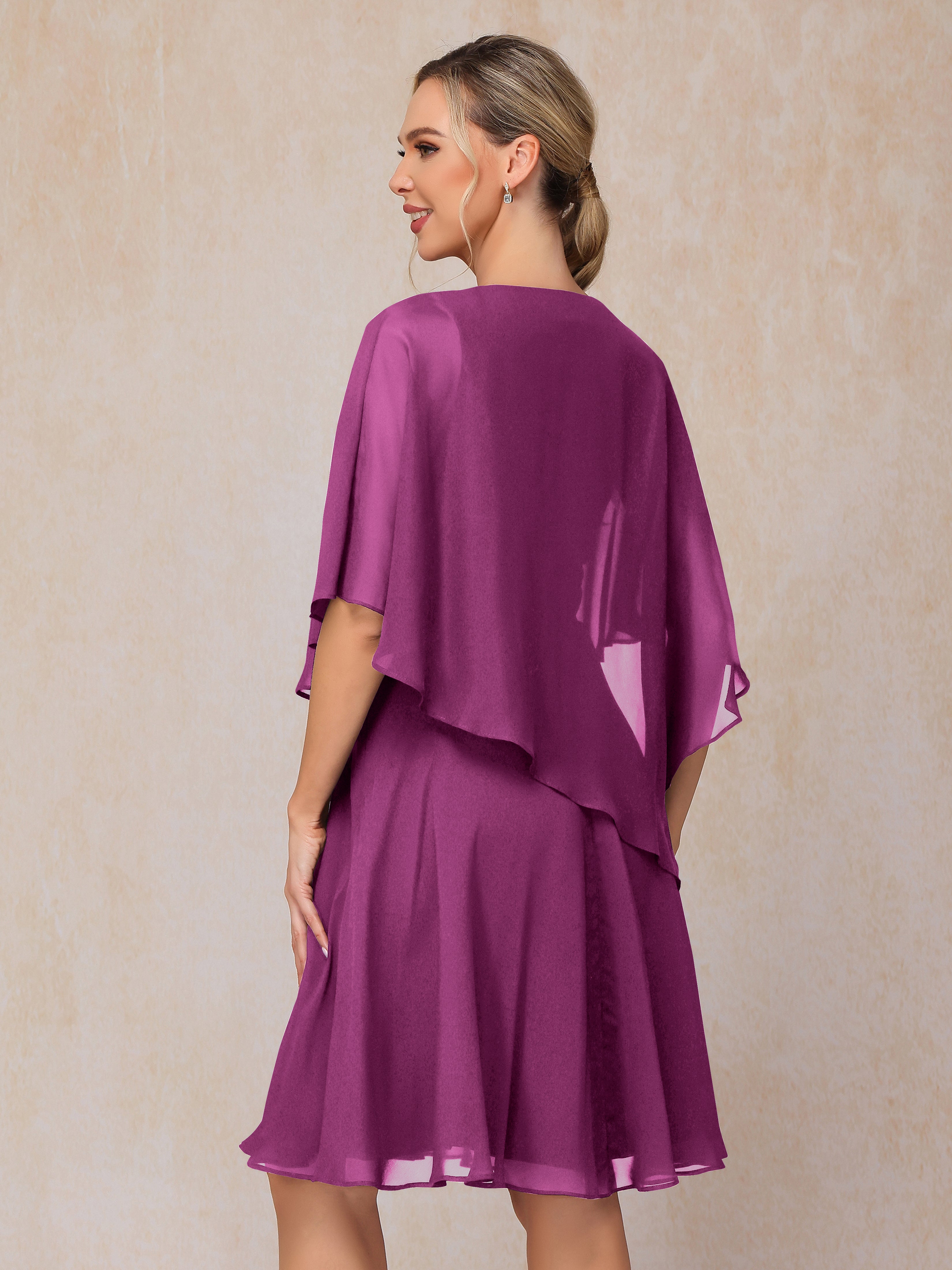 V Neck Short Sleeves Knee Length Chiffon Mother Of The Bride Dress