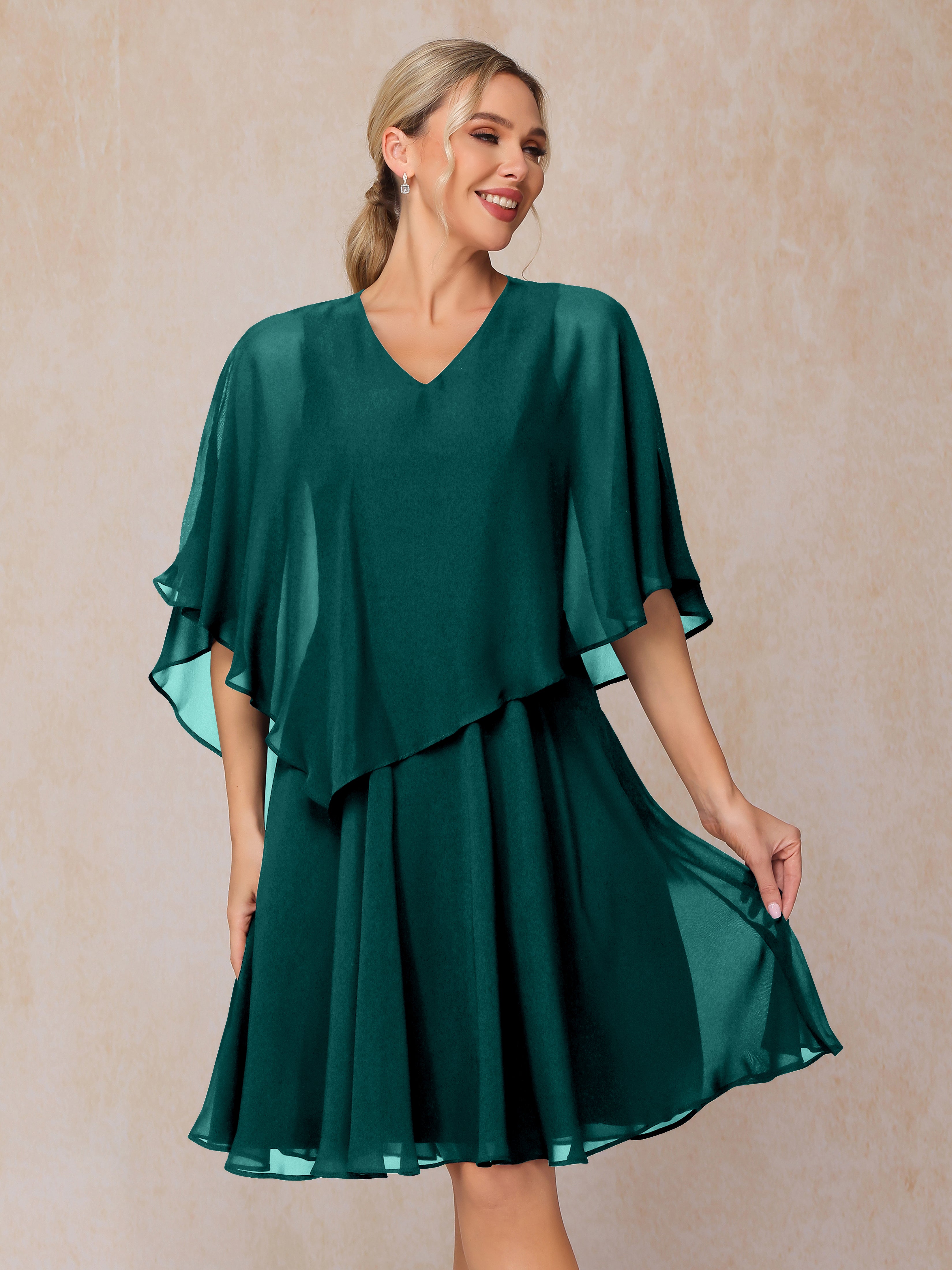V Neck Short Sleeves Knee Length Chiffon Mother Of The Bride Dress