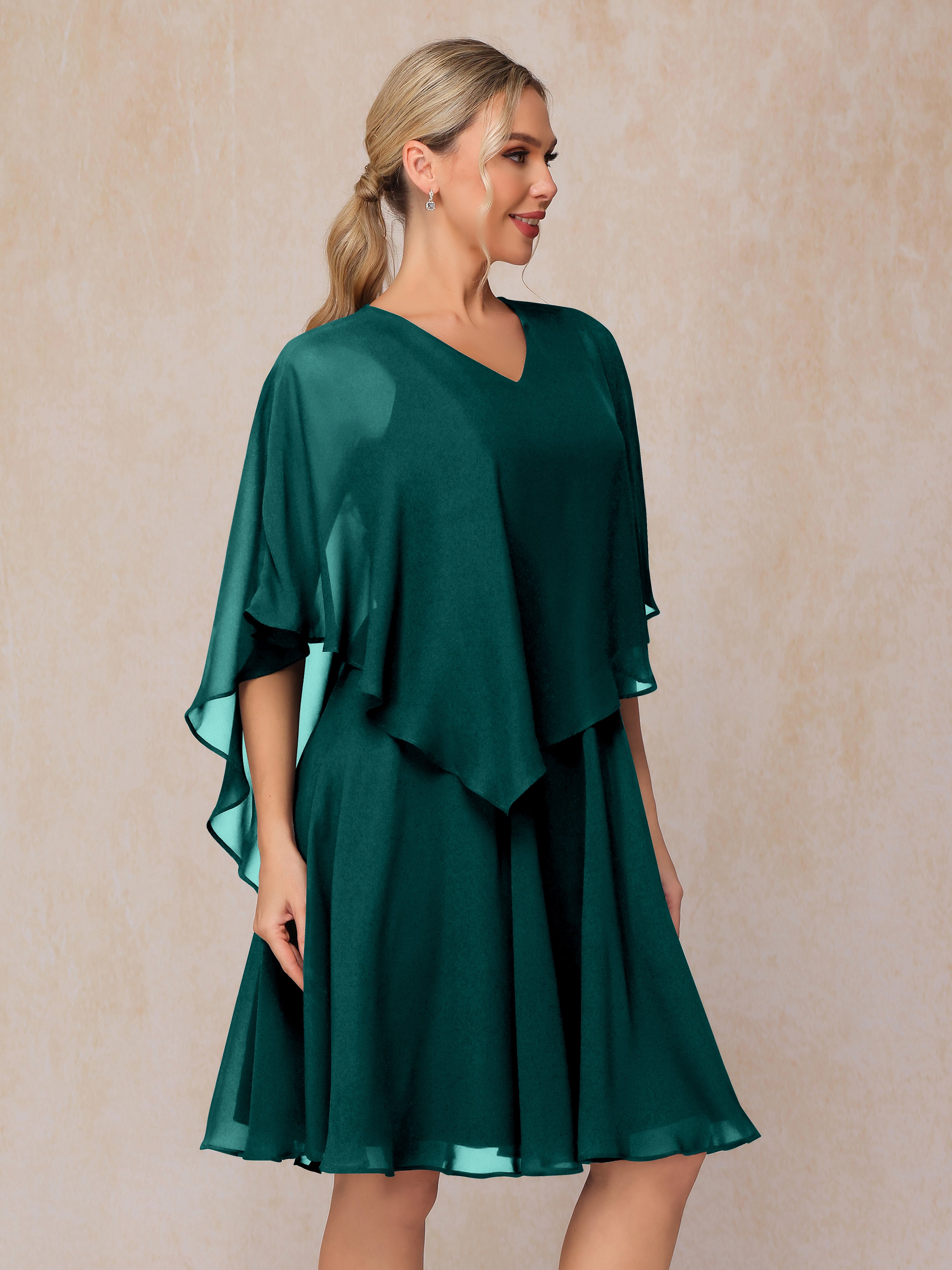 V Neck Short Sleeves Knee Length Chiffon Mother Of The Bride Dress