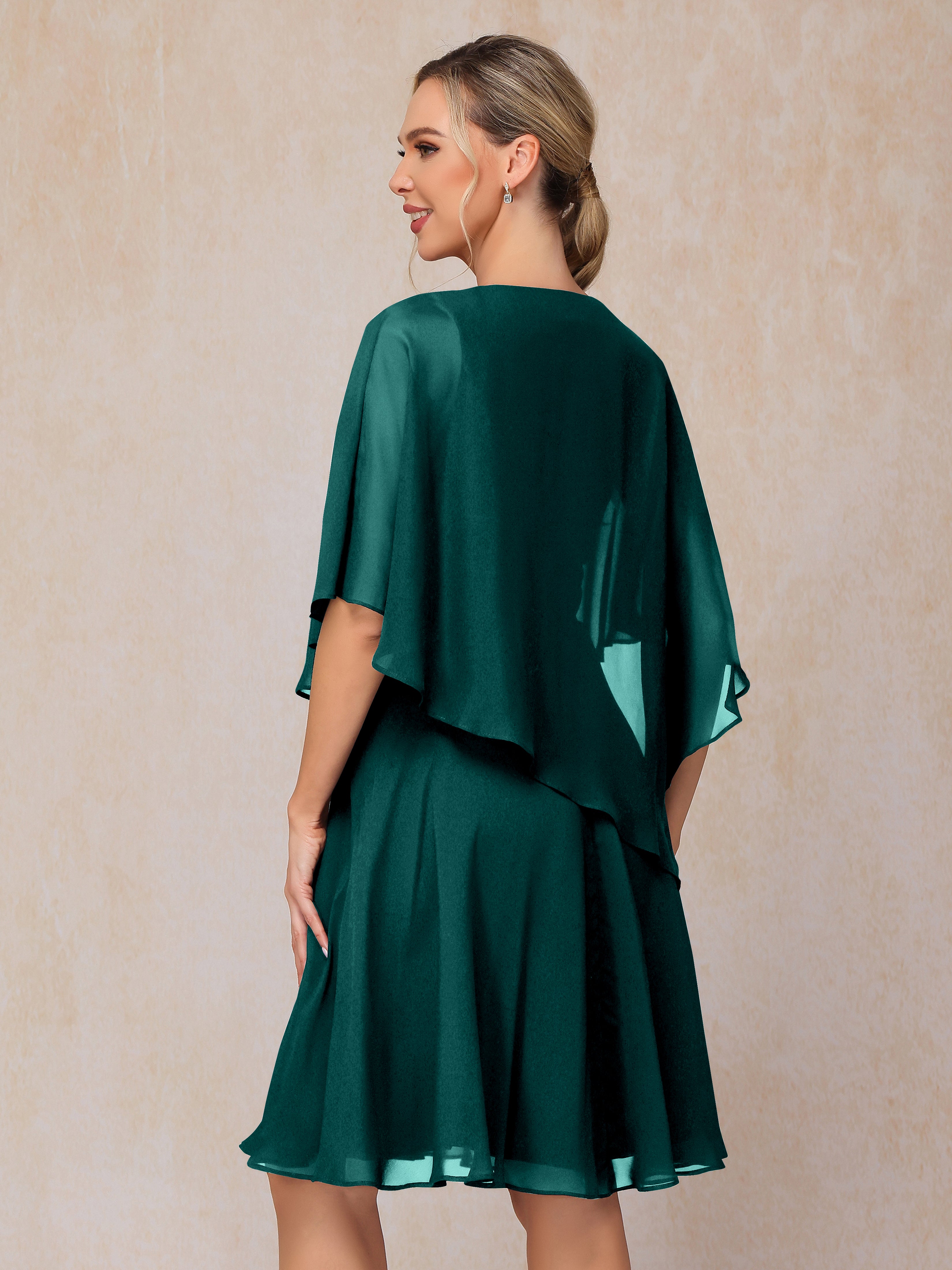 V Neck Short Sleeves Knee Length Chiffon Mother Of The Bride Dress