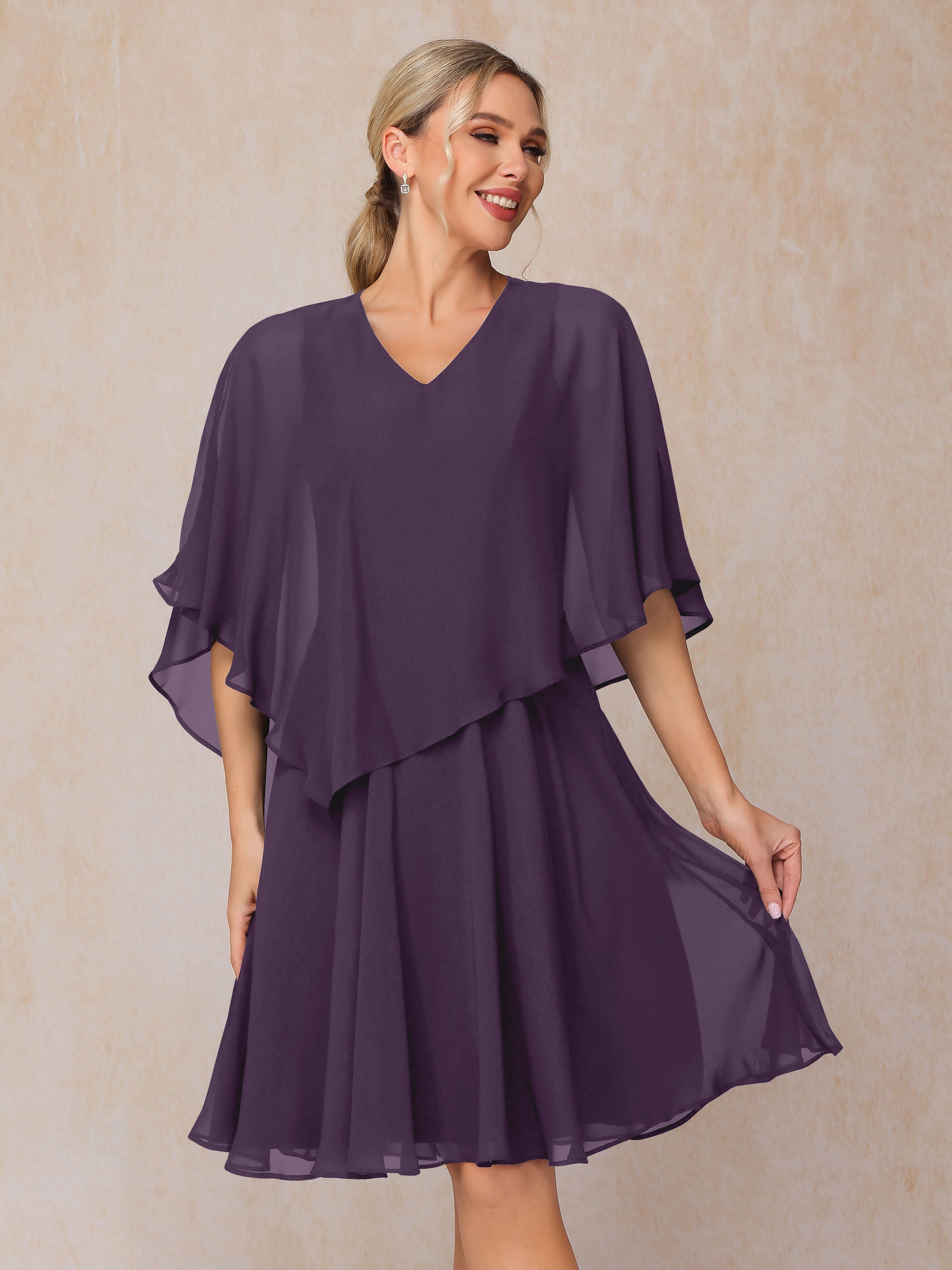 V Neck Short Sleeves Knee Length Chiffon Mother Of The Groom Dress