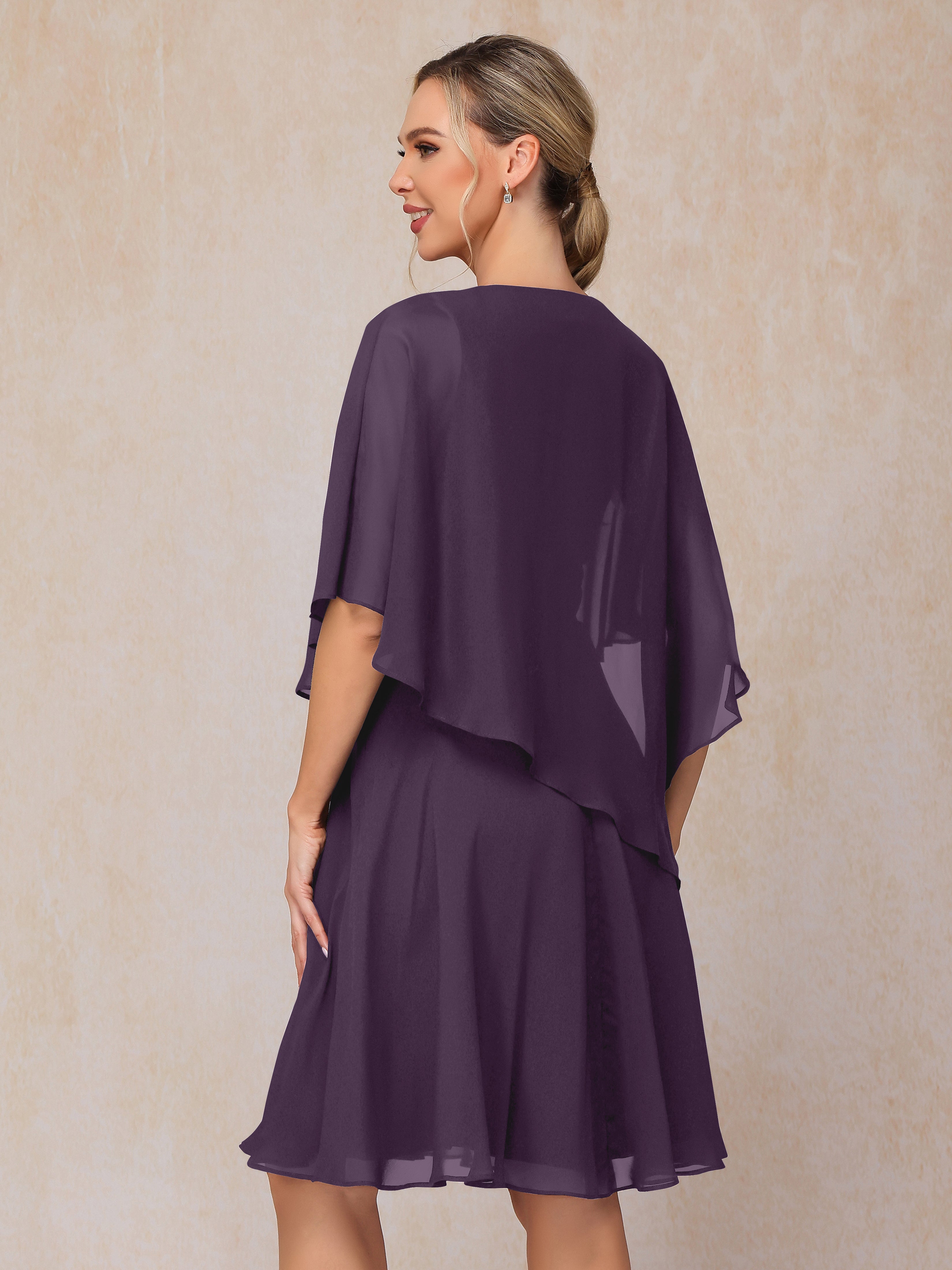 V Neck Short Sleeves Knee Length Chiffon Mother Of The Bride Dress