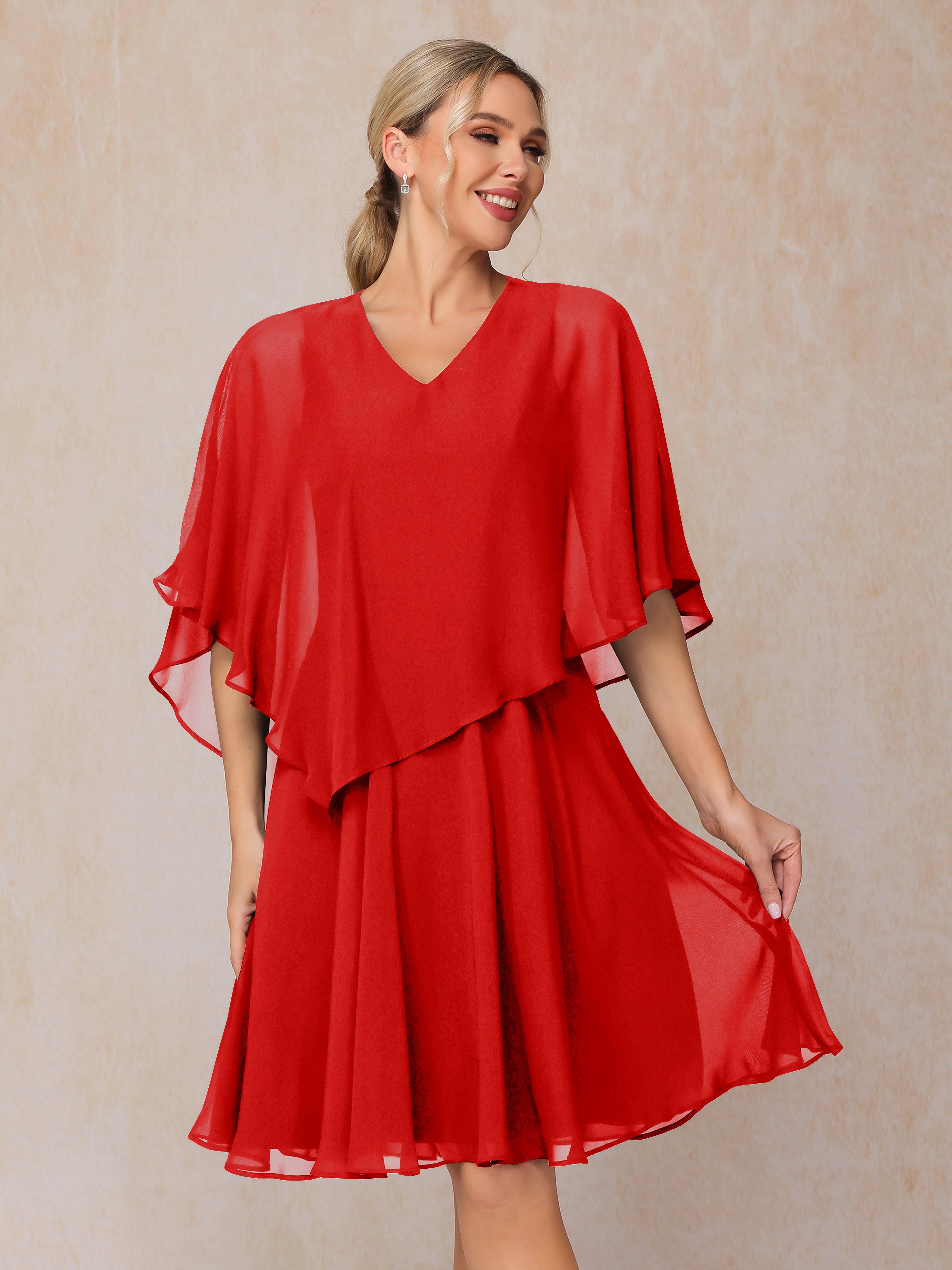 V Neck Short Sleeves Knee Length Chiffon Mother Of The Bride Dress