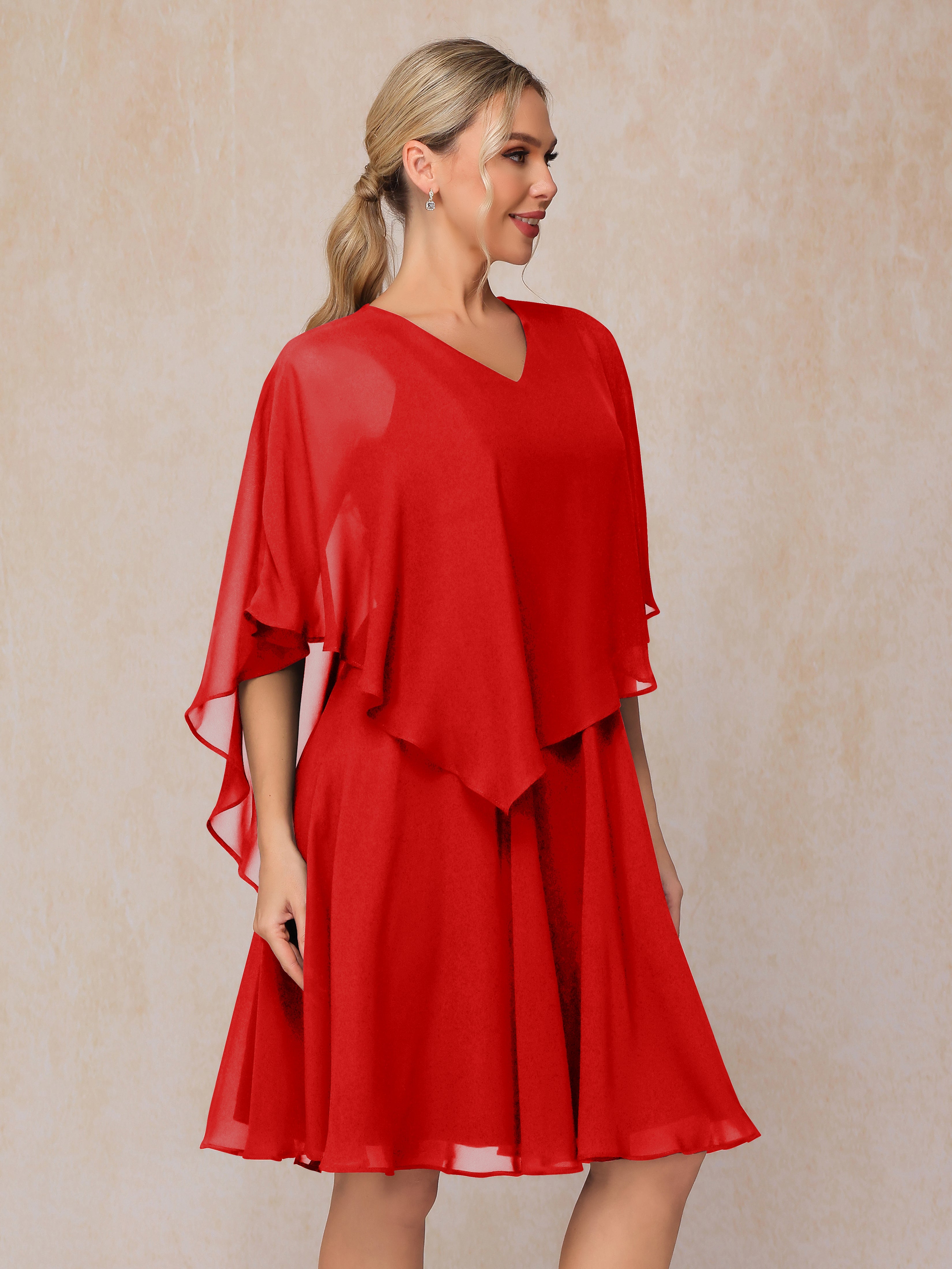 V Neck Short Sleeves Knee Length Chiffon Mother Of The Groom Dress