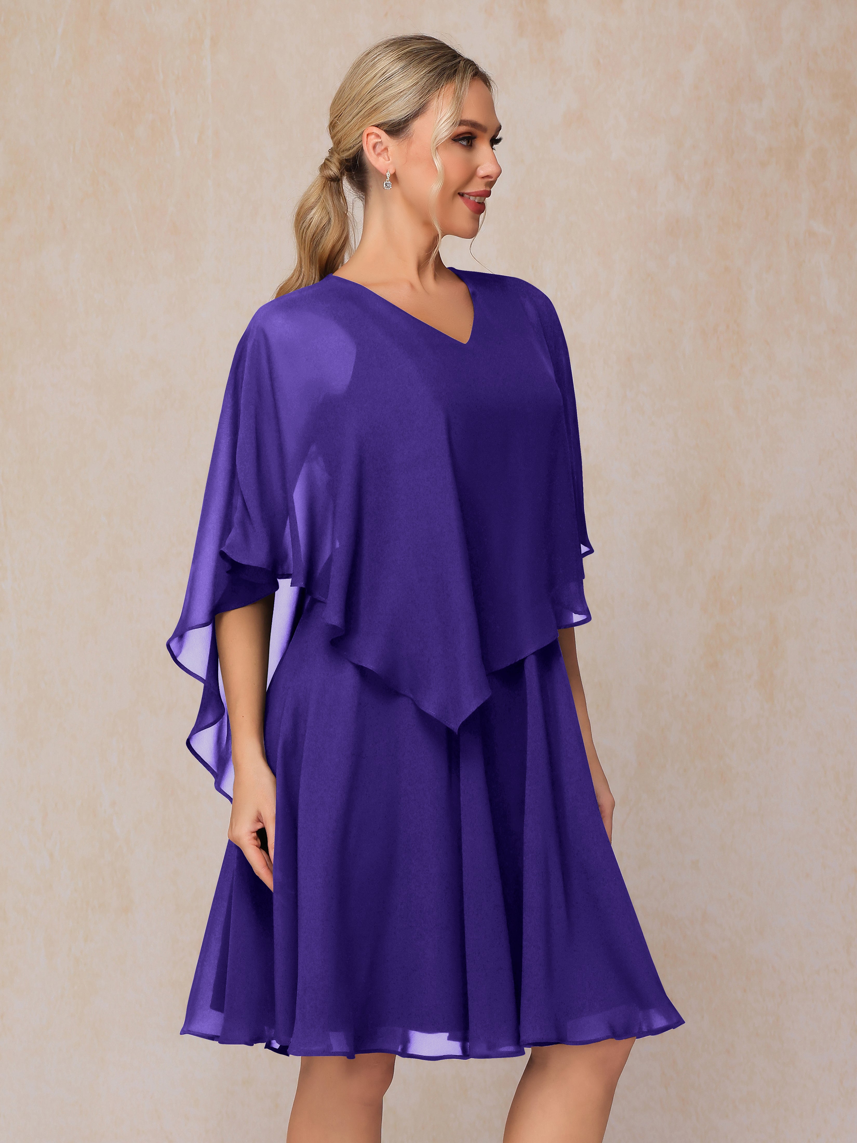 V Neck Short Sleeves Knee Length Chiffon Mother Of The Bride Dress