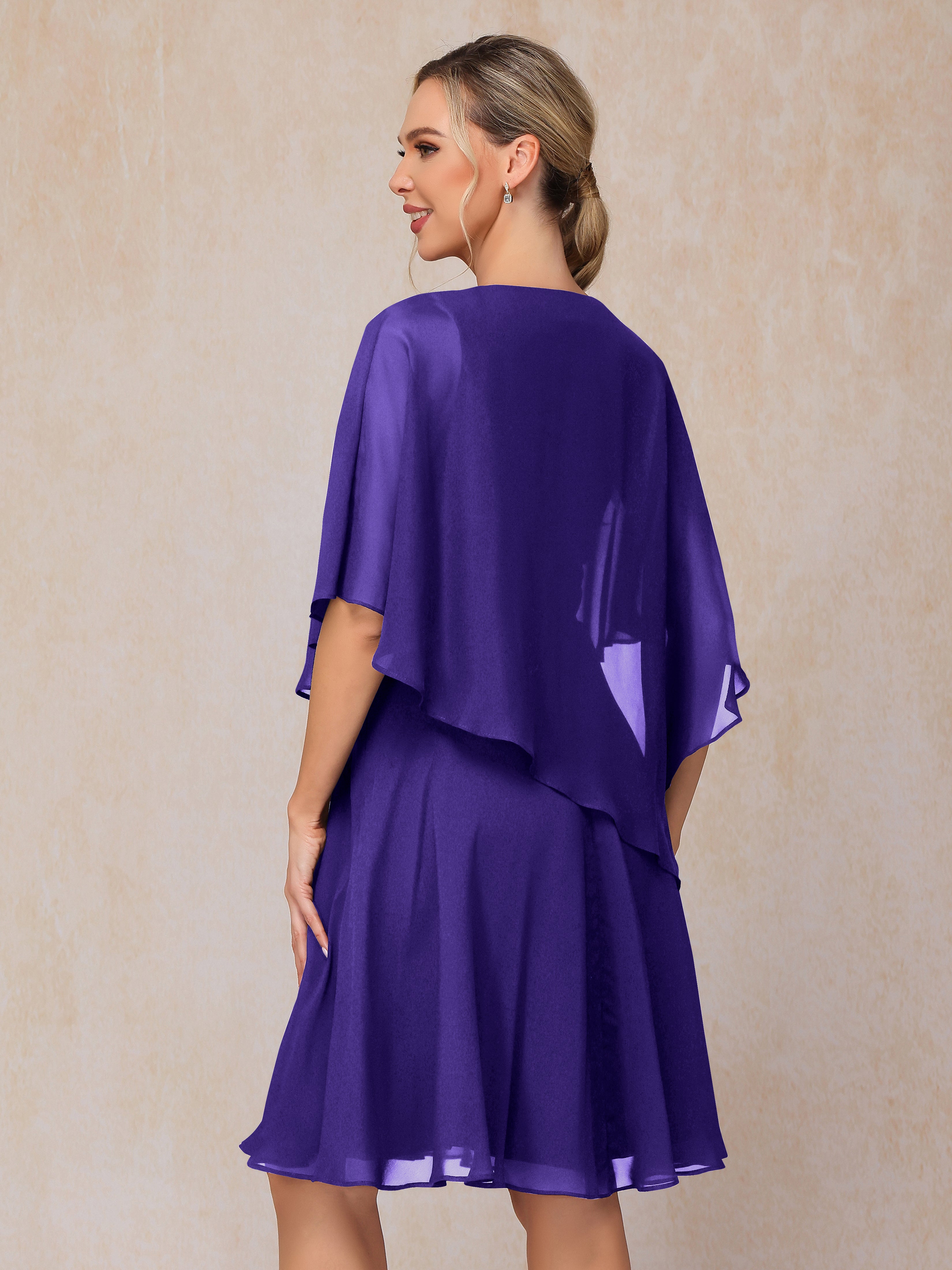 V Neck Short Sleeves Knee Length Chiffon Mother Of The Bride Dress