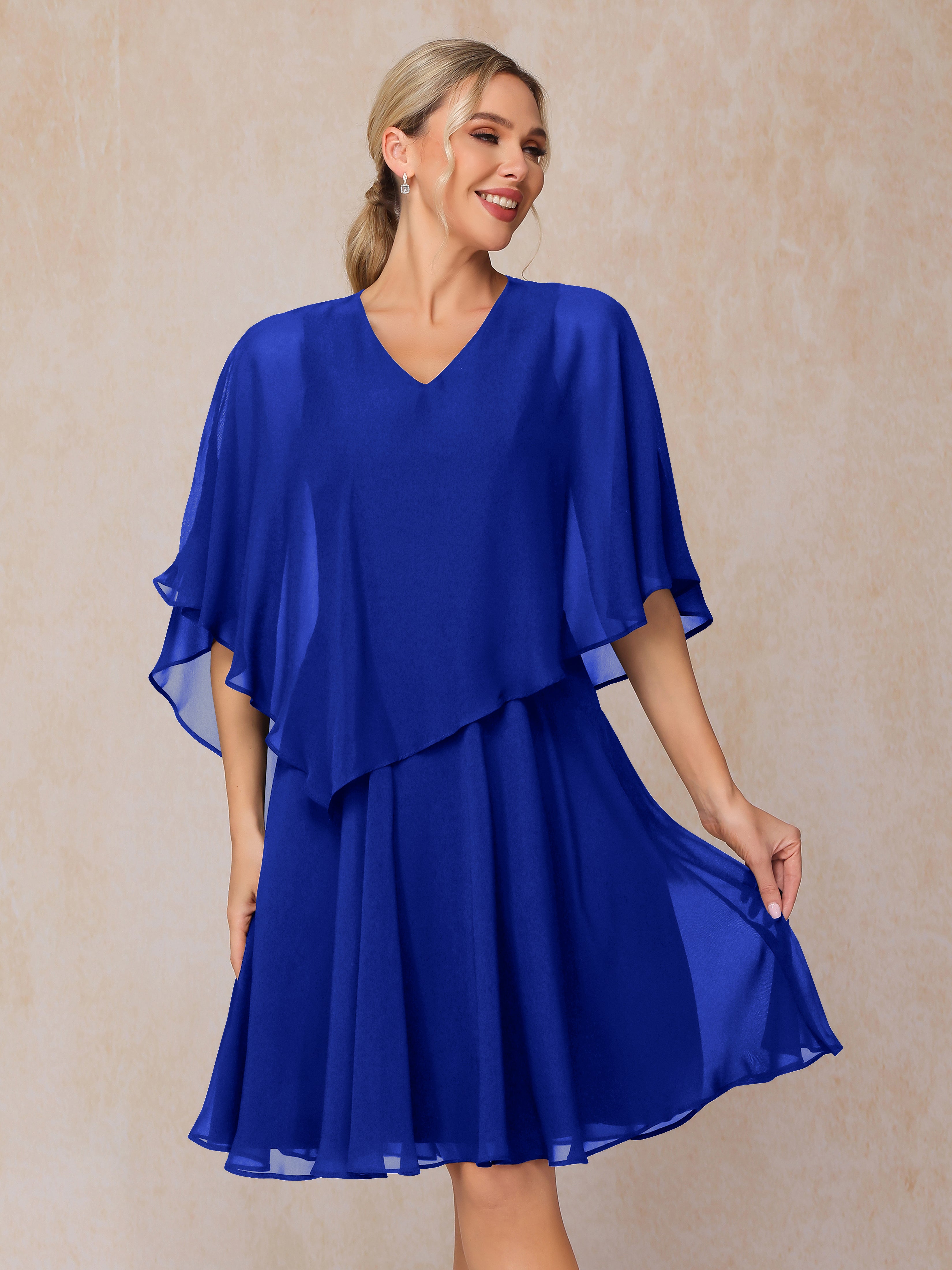 V Neck Short Sleeves Knee Length Chiffon Mother Of The Bride Dress