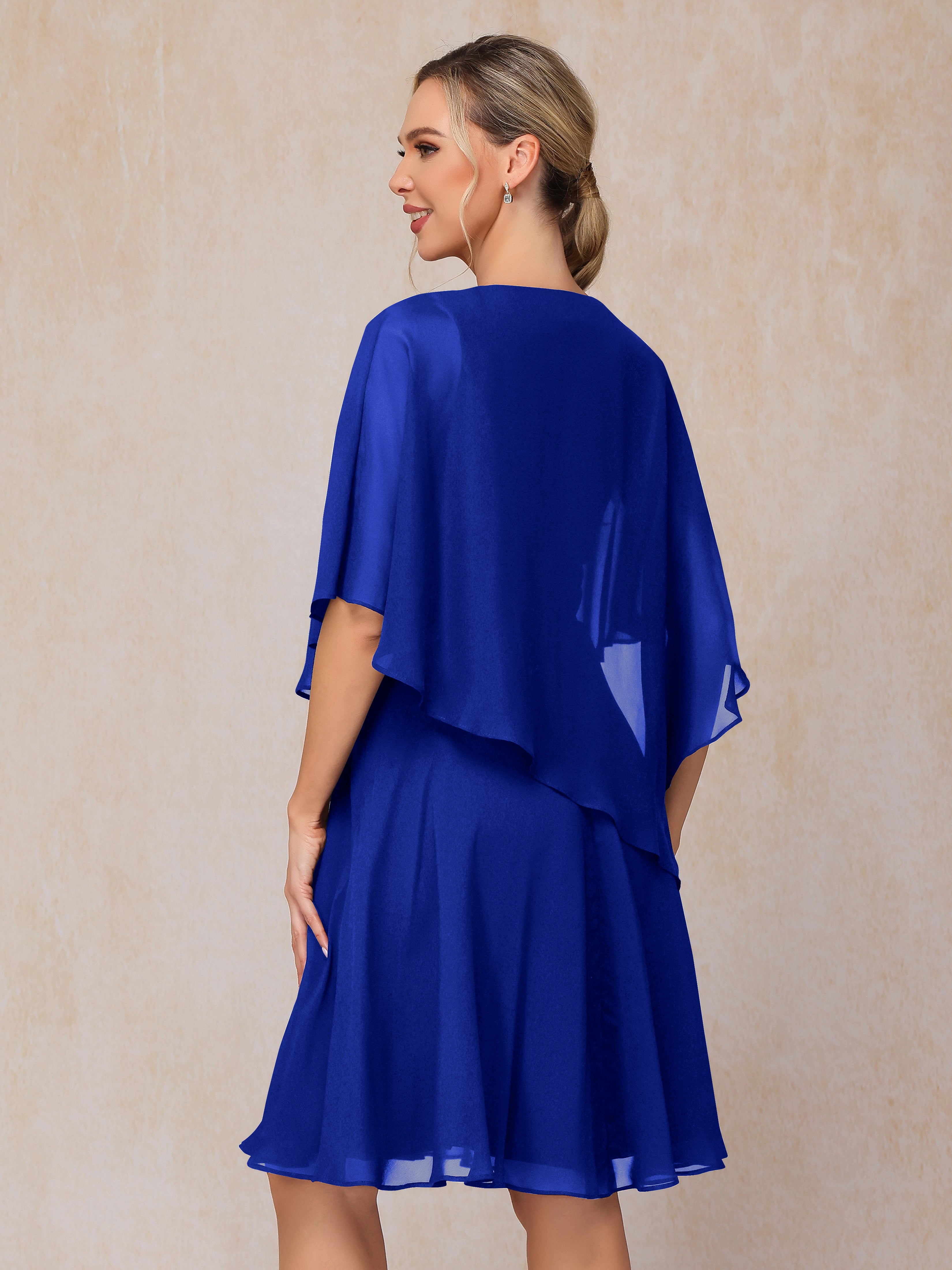 V Neck Short Sleeves Knee Length Chiffon Mother Of The Bride Dress