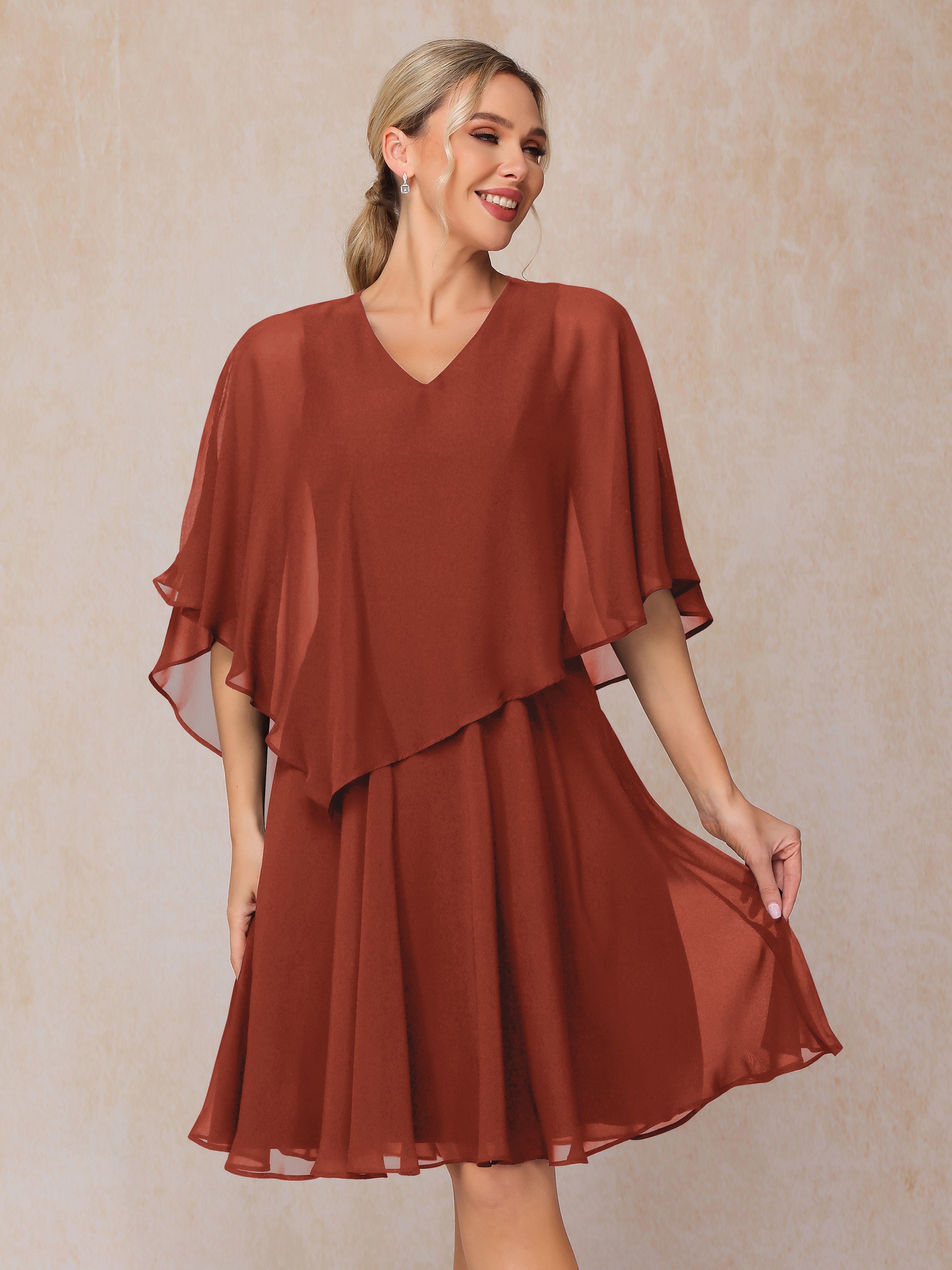 V Neck Short Sleeves Knee Length Chiffon Mother Of The Bride Dress