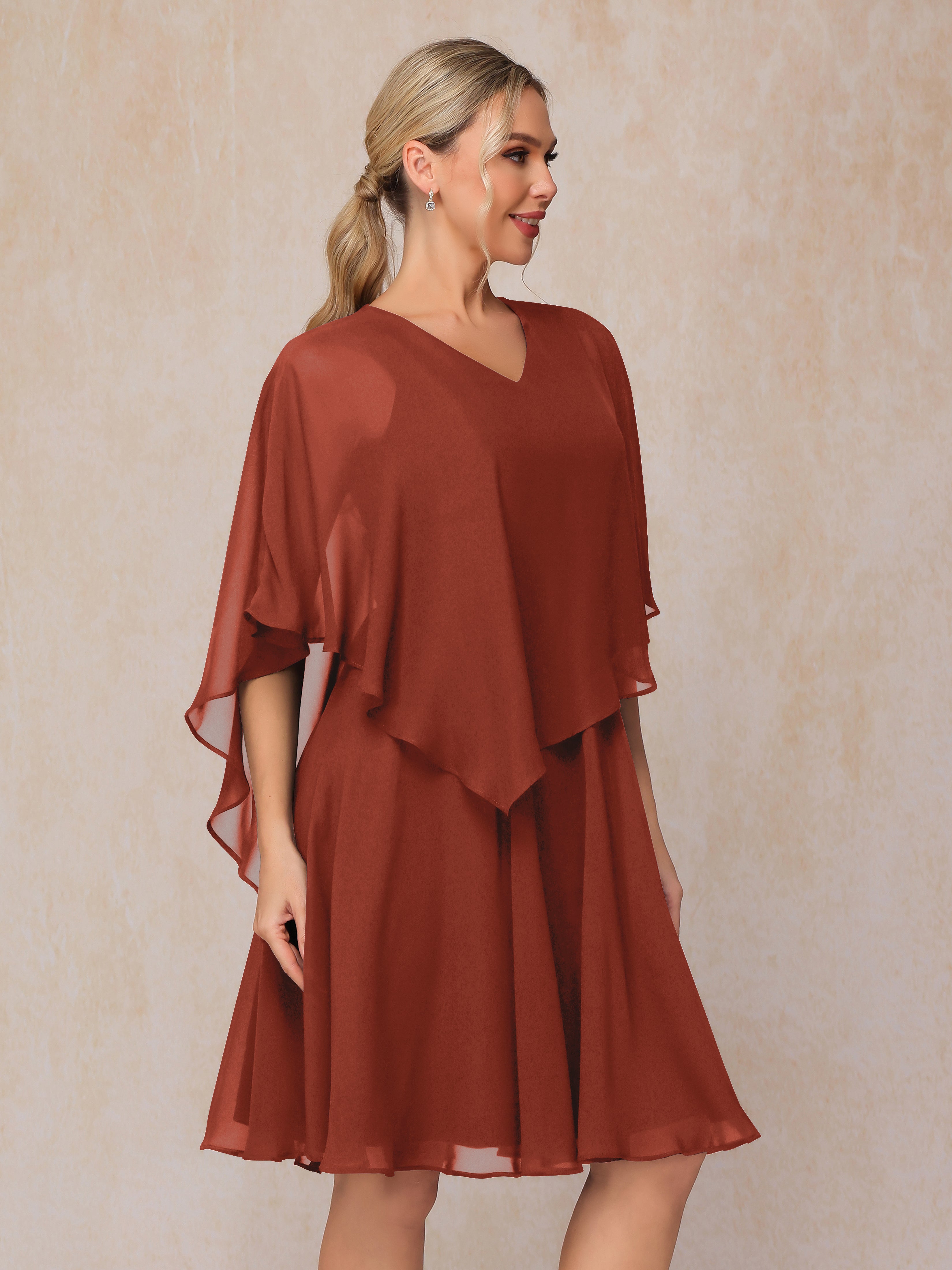 V Neck Short Sleeves Knee Length Chiffon Mother Of The Bride Dress