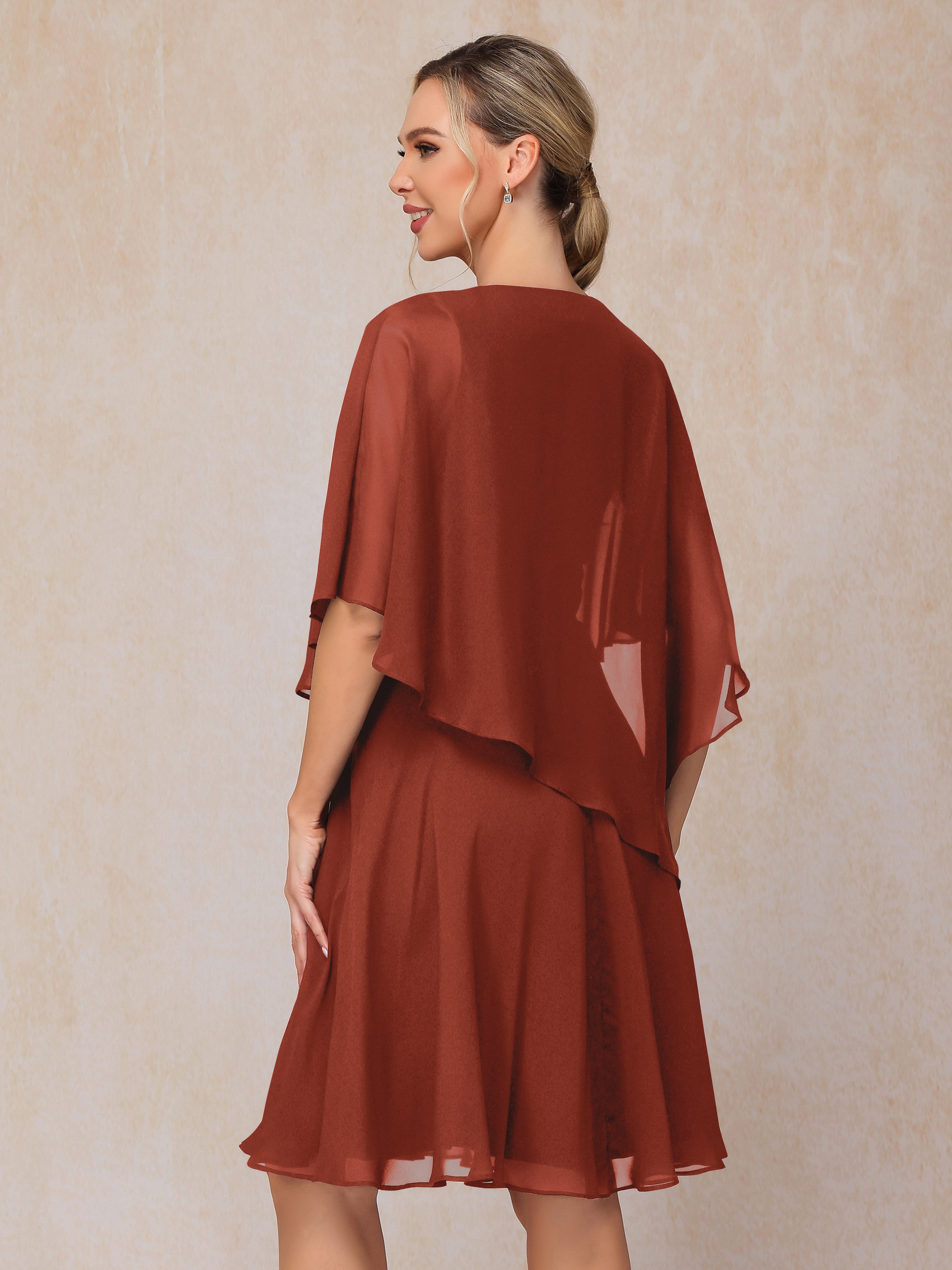 V Neck Short Sleeves Knee Length Chiffon Mother Of The Bride Dress