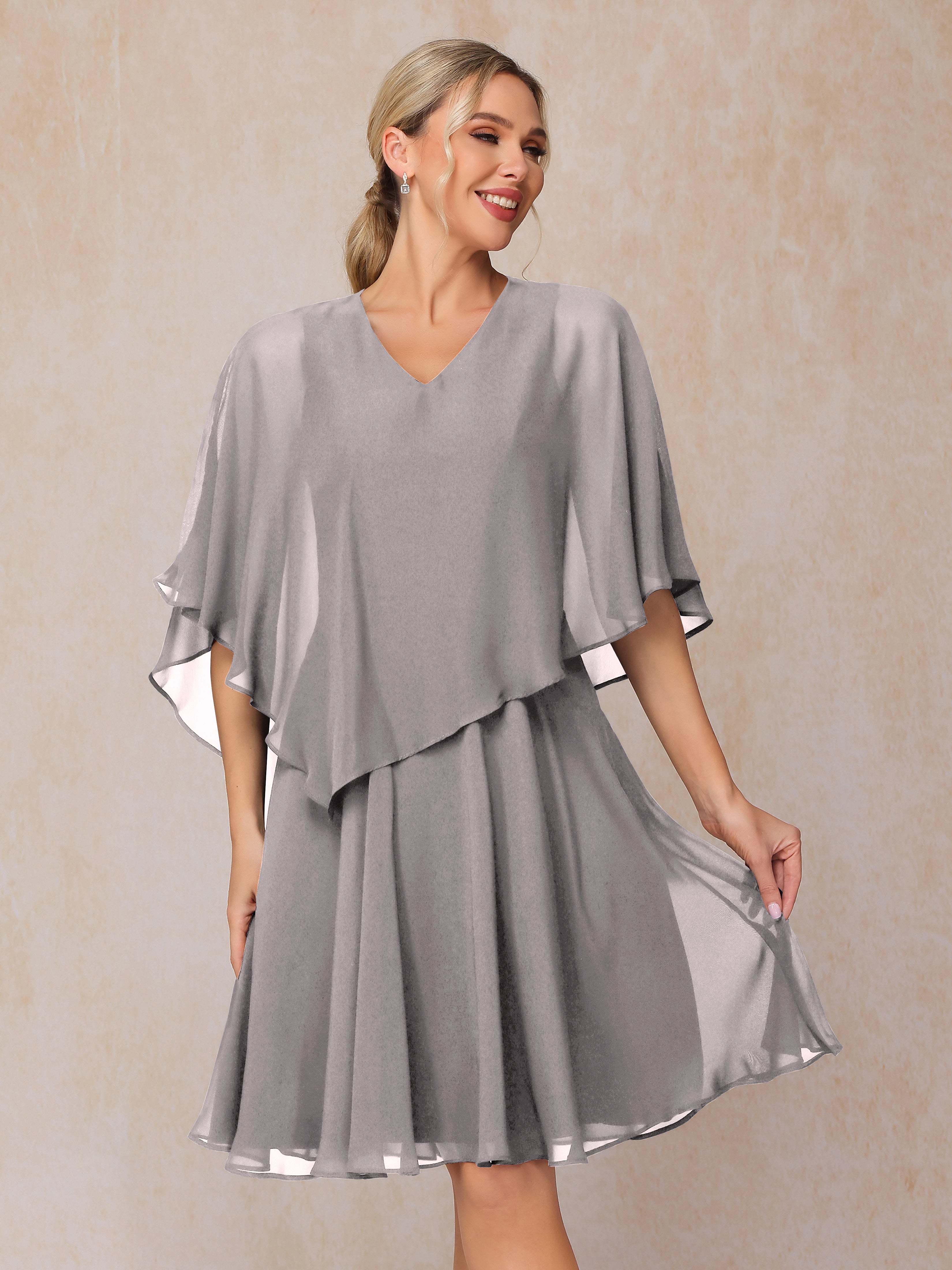 V Neck Short Sleeves Knee Length Chiffon Mother Of The Bride Dress