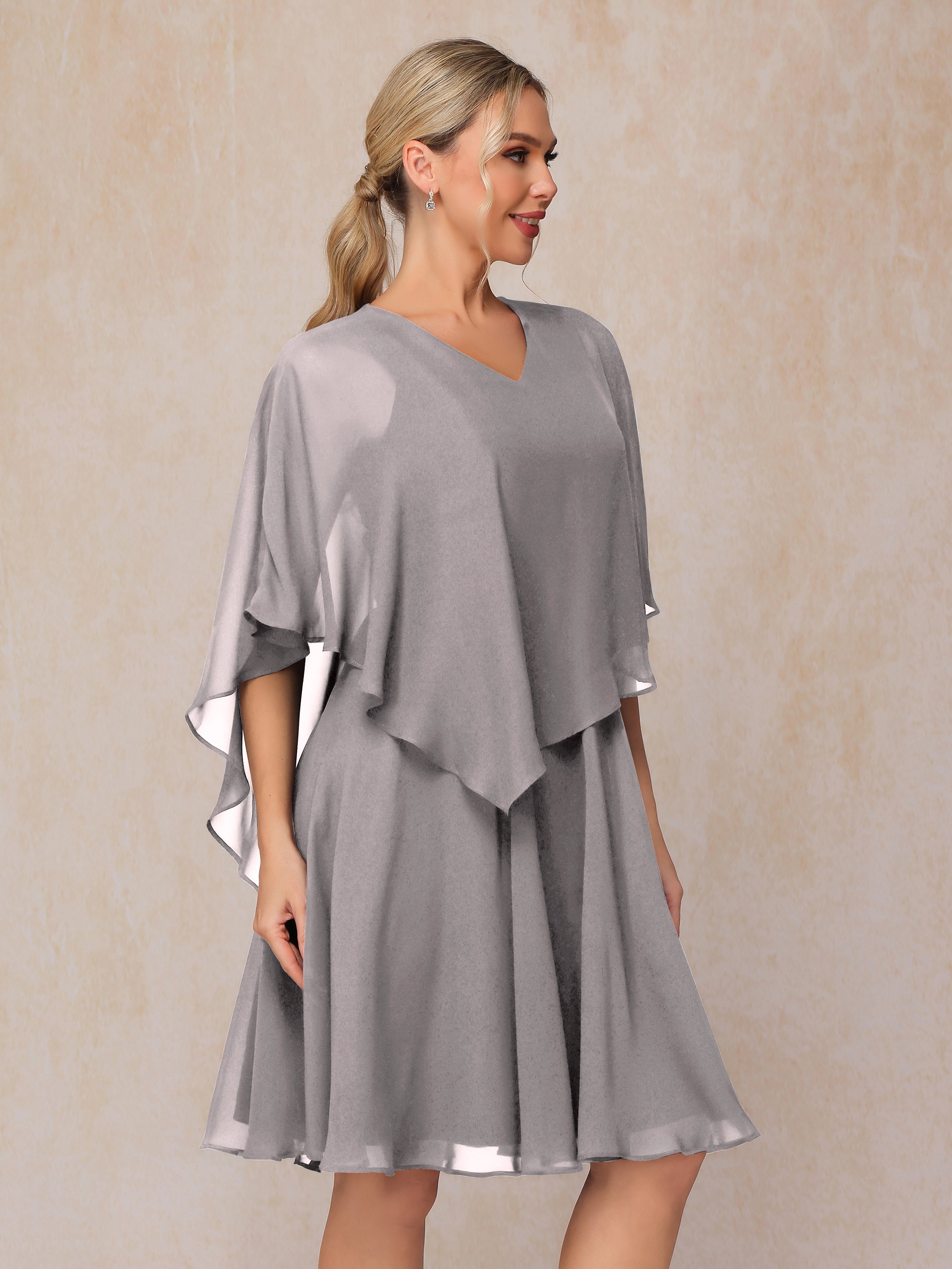 V Neck Short Sleeves Knee Length Chiffon Mother Of The Groom Dress