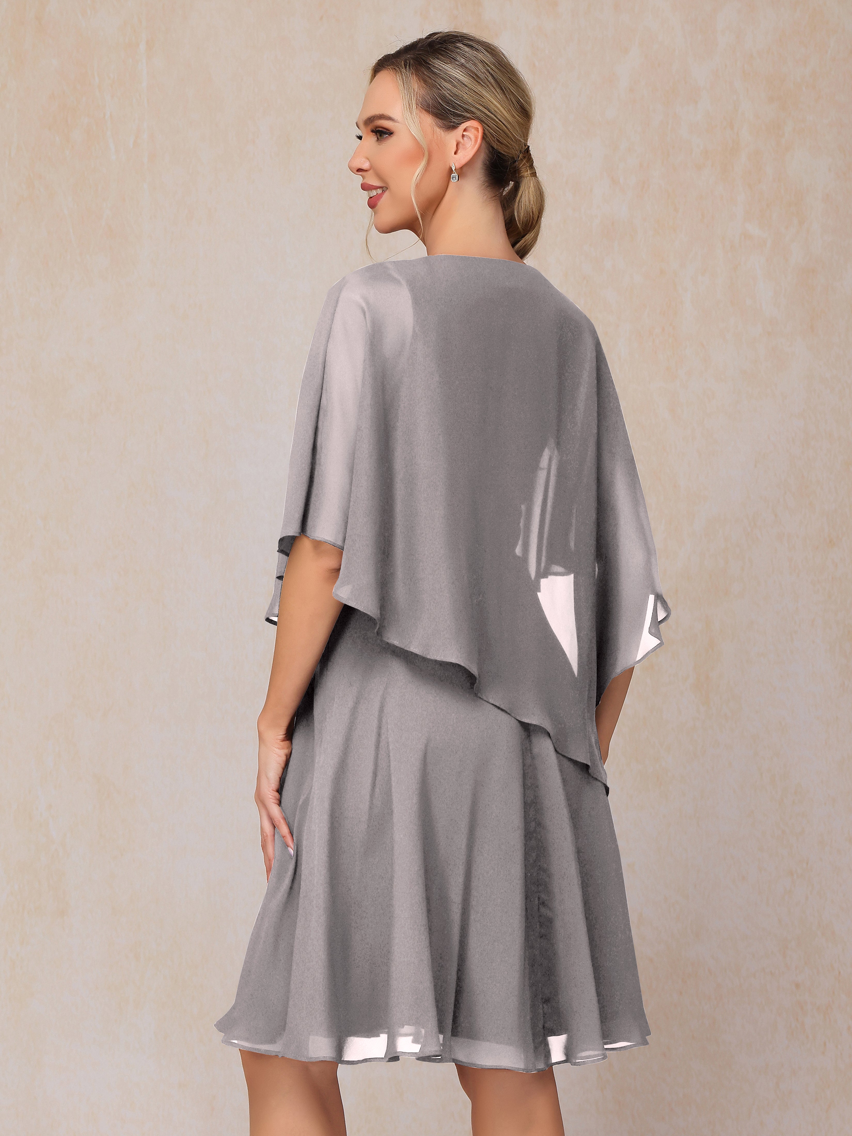 V Neck Short Sleeves Knee Length Chiffon Mother Of The Bride Dress