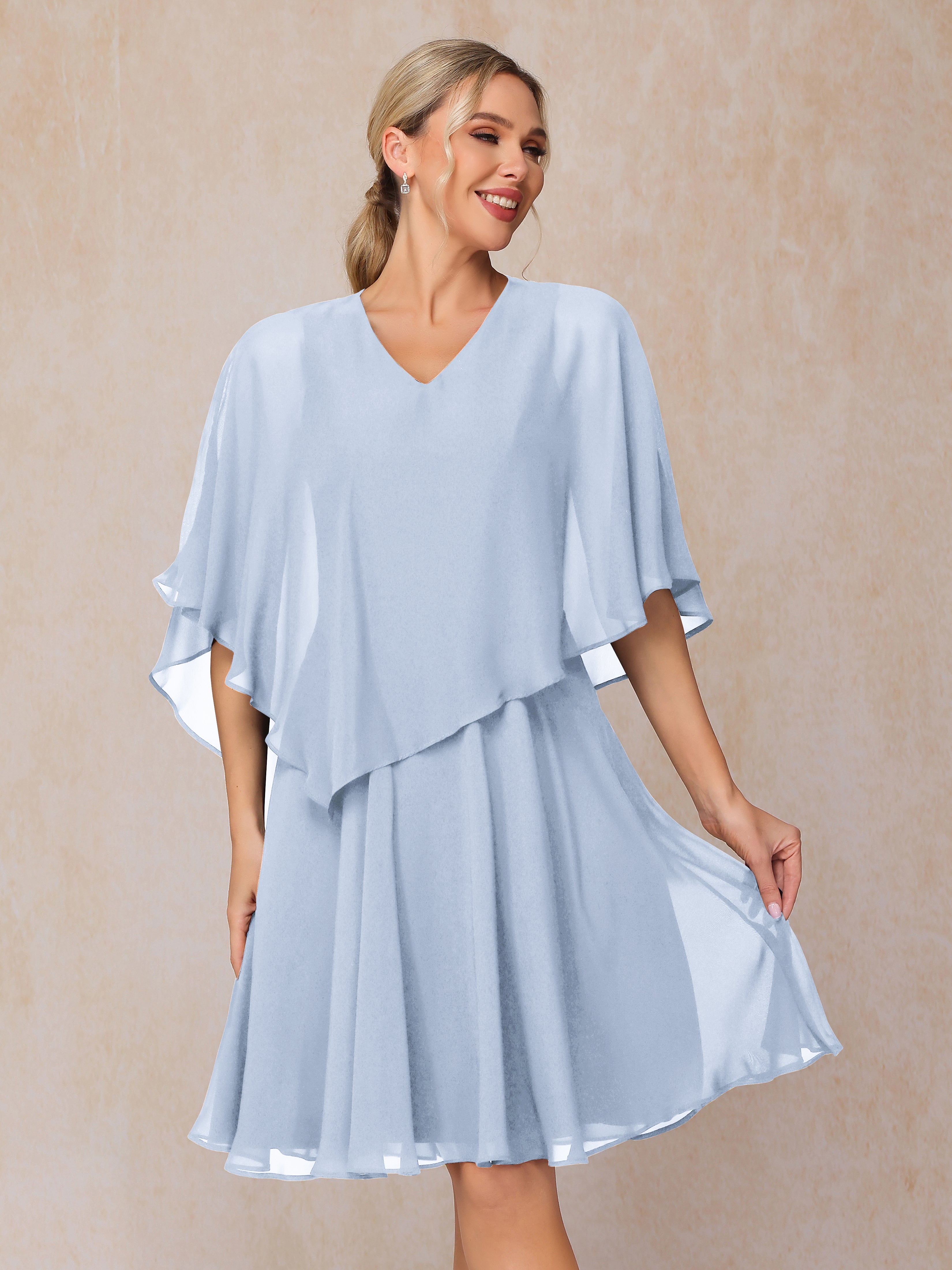 V Neck Short Sleeves Knee Length Chiffon Mother Of The Groom Dress