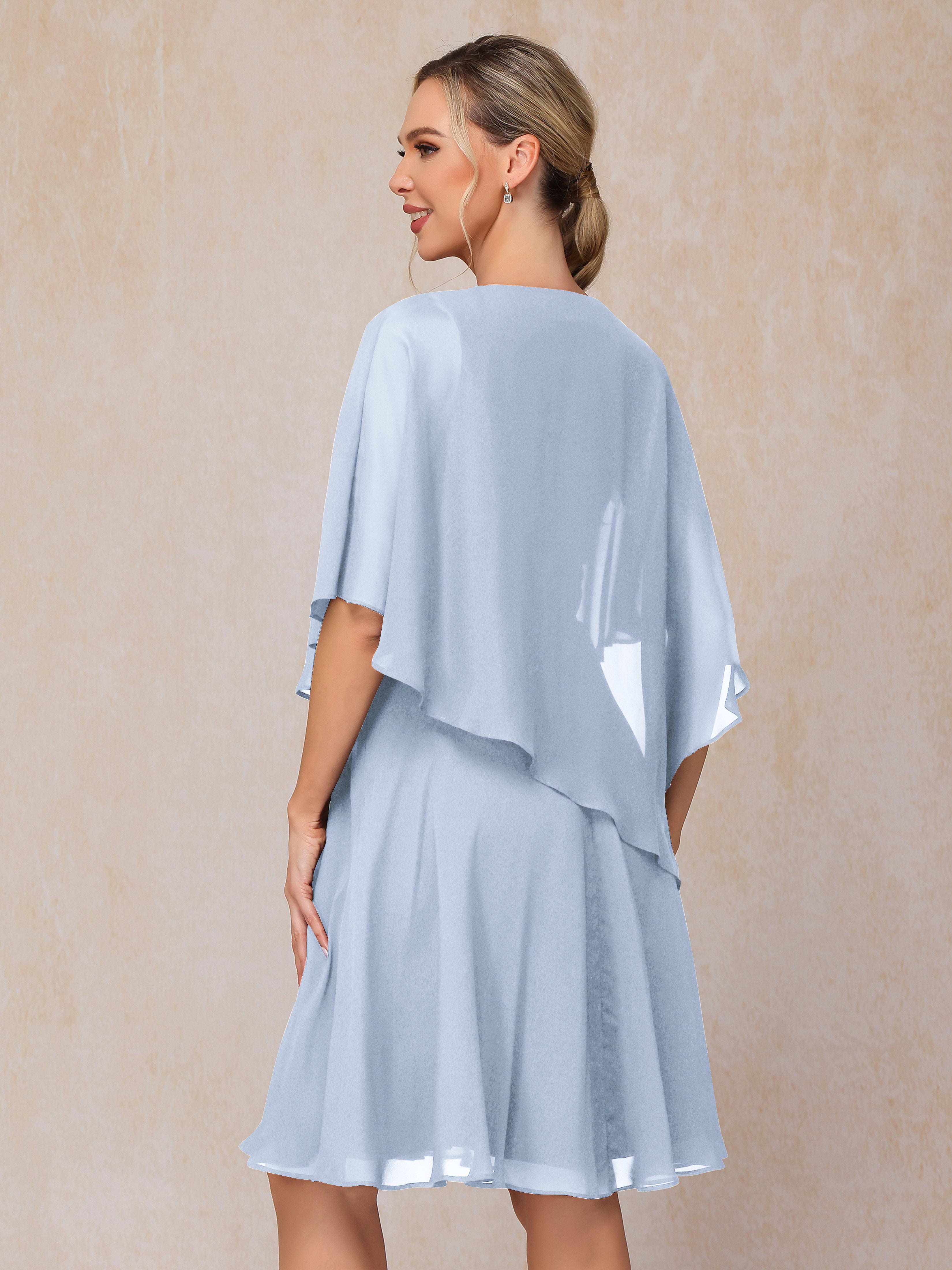 V Neck Short Sleeves Knee Length Chiffon Mother Of The Bride Dress