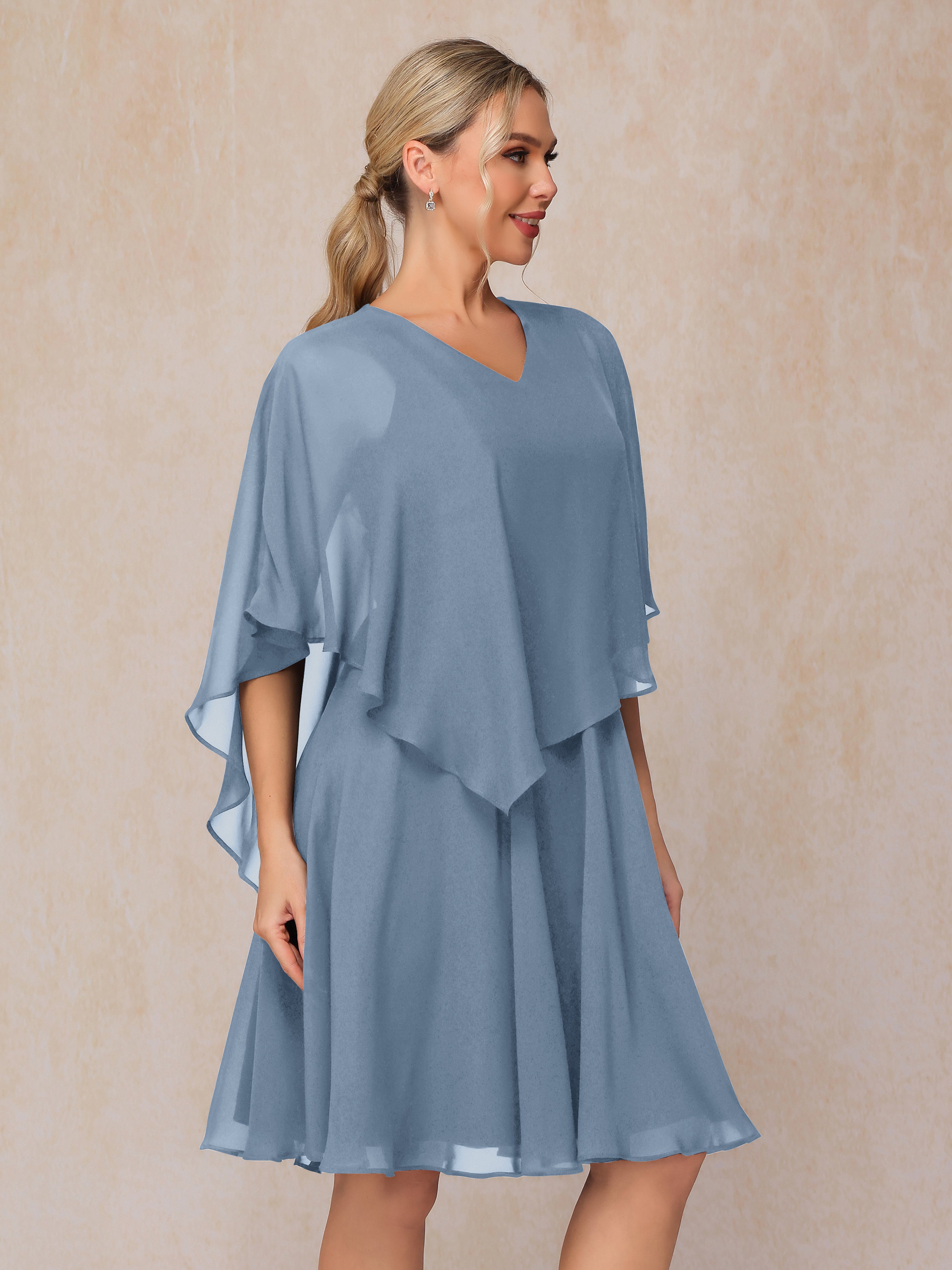 V Neck Short Sleeves Knee Length Chiffon Mother Of The Bride Dress