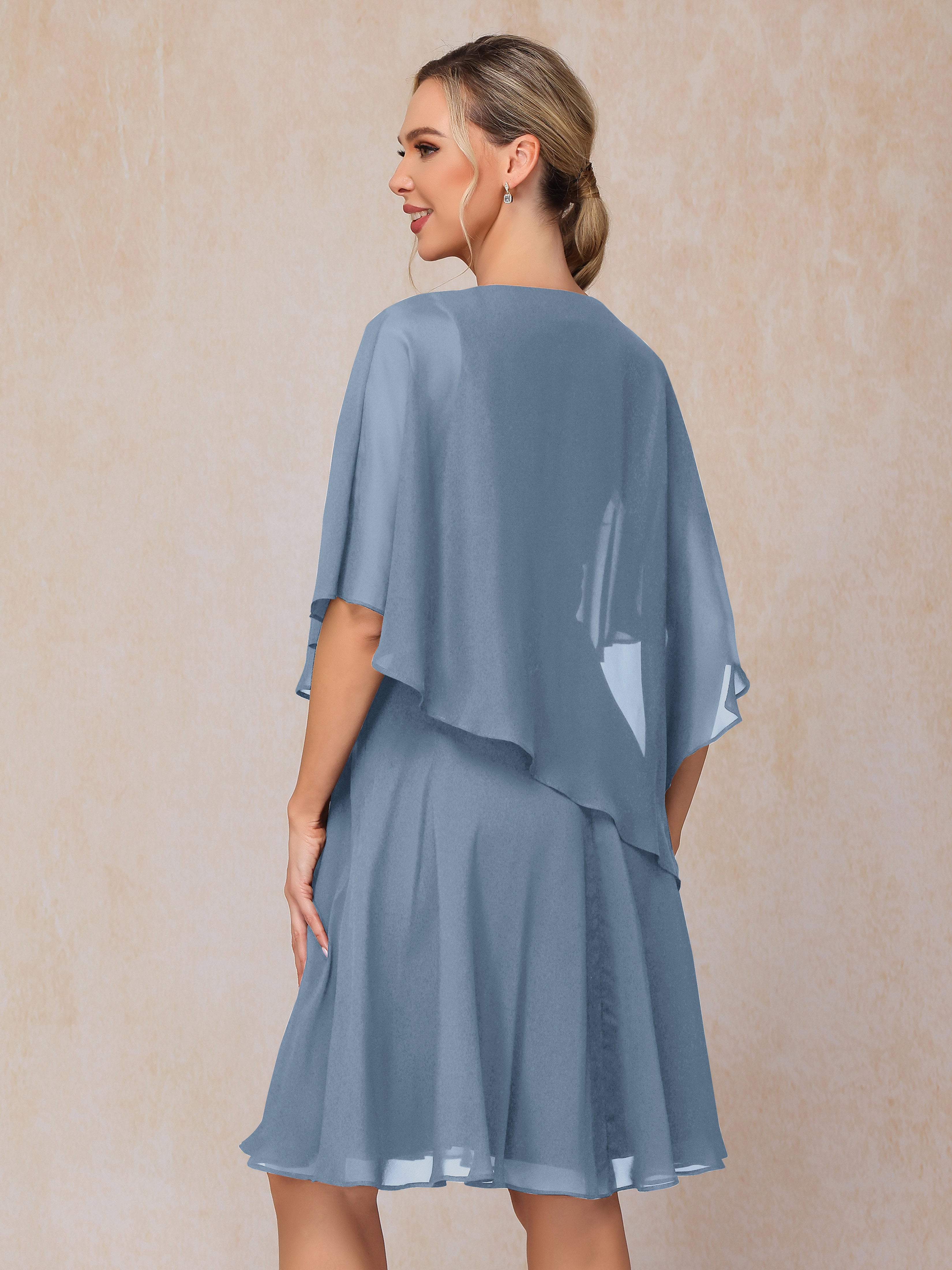 V Neck Short Sleeves Knee Length Chiffon Mother Of The Bride Dress