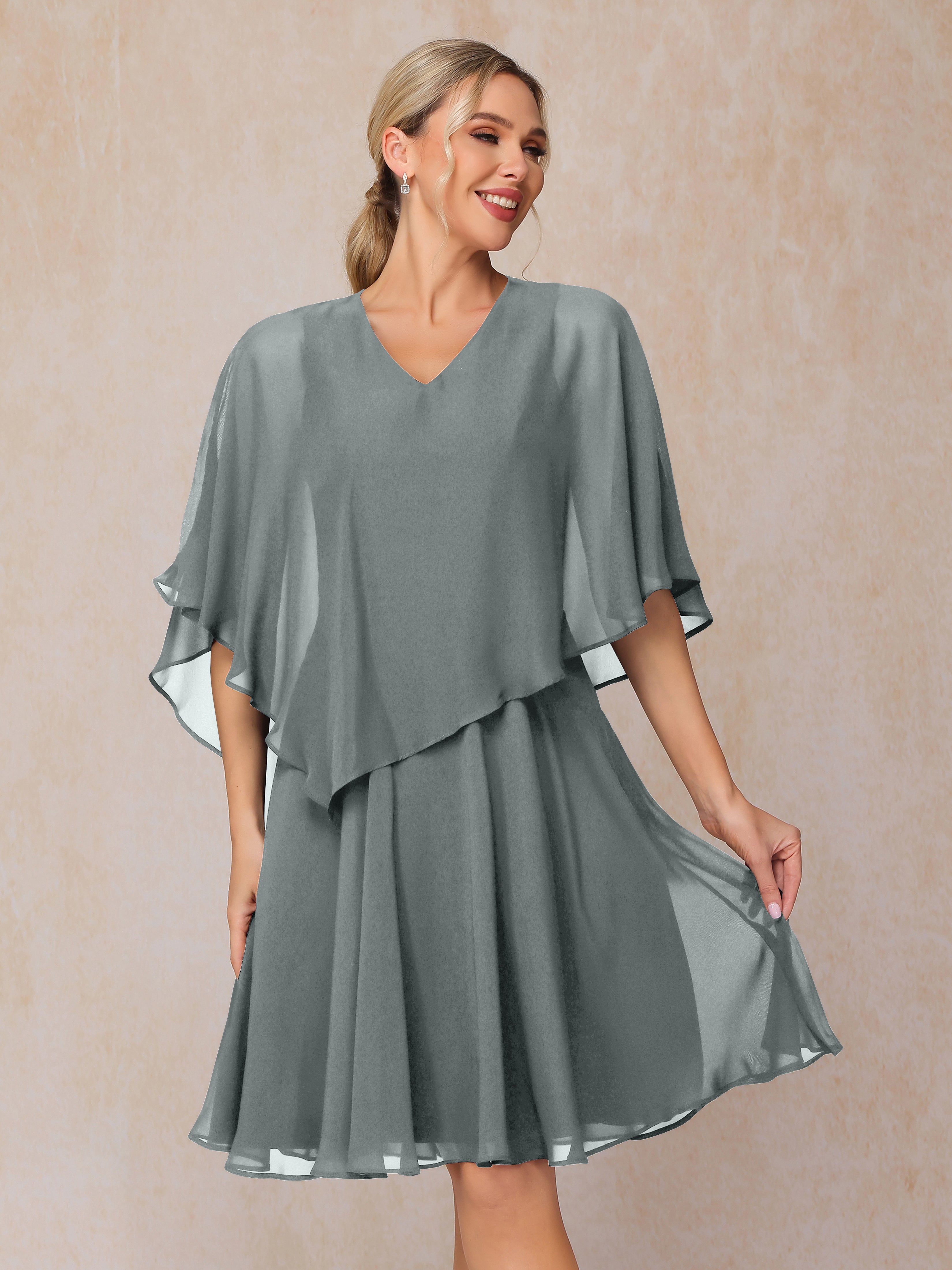 V Neck Short Sleeves Knee Length Chiffon Mother Of The Bride Dress