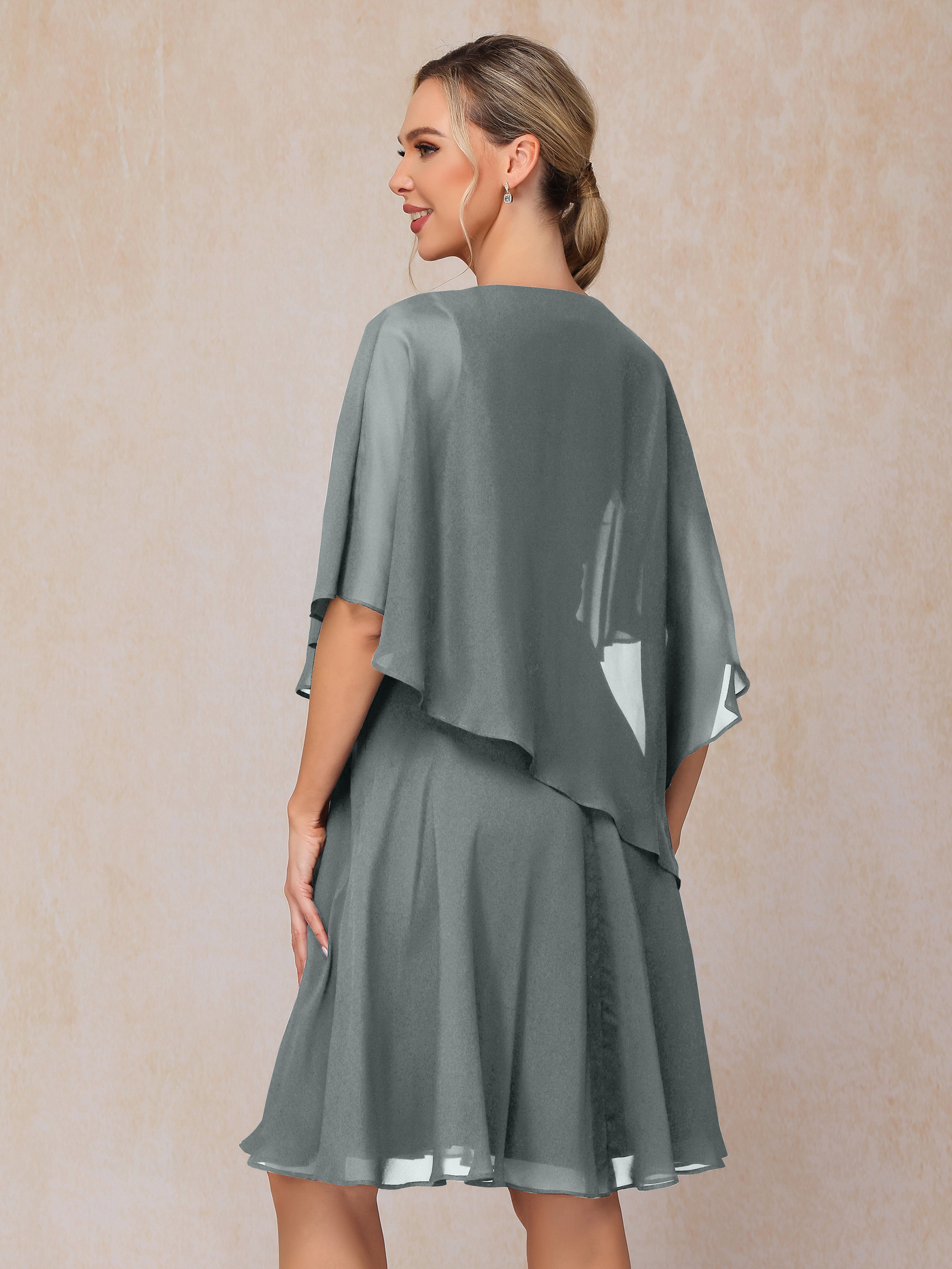 V Neck Short Sleeves Knee Length Chiffon Mother Of The Bride Dress