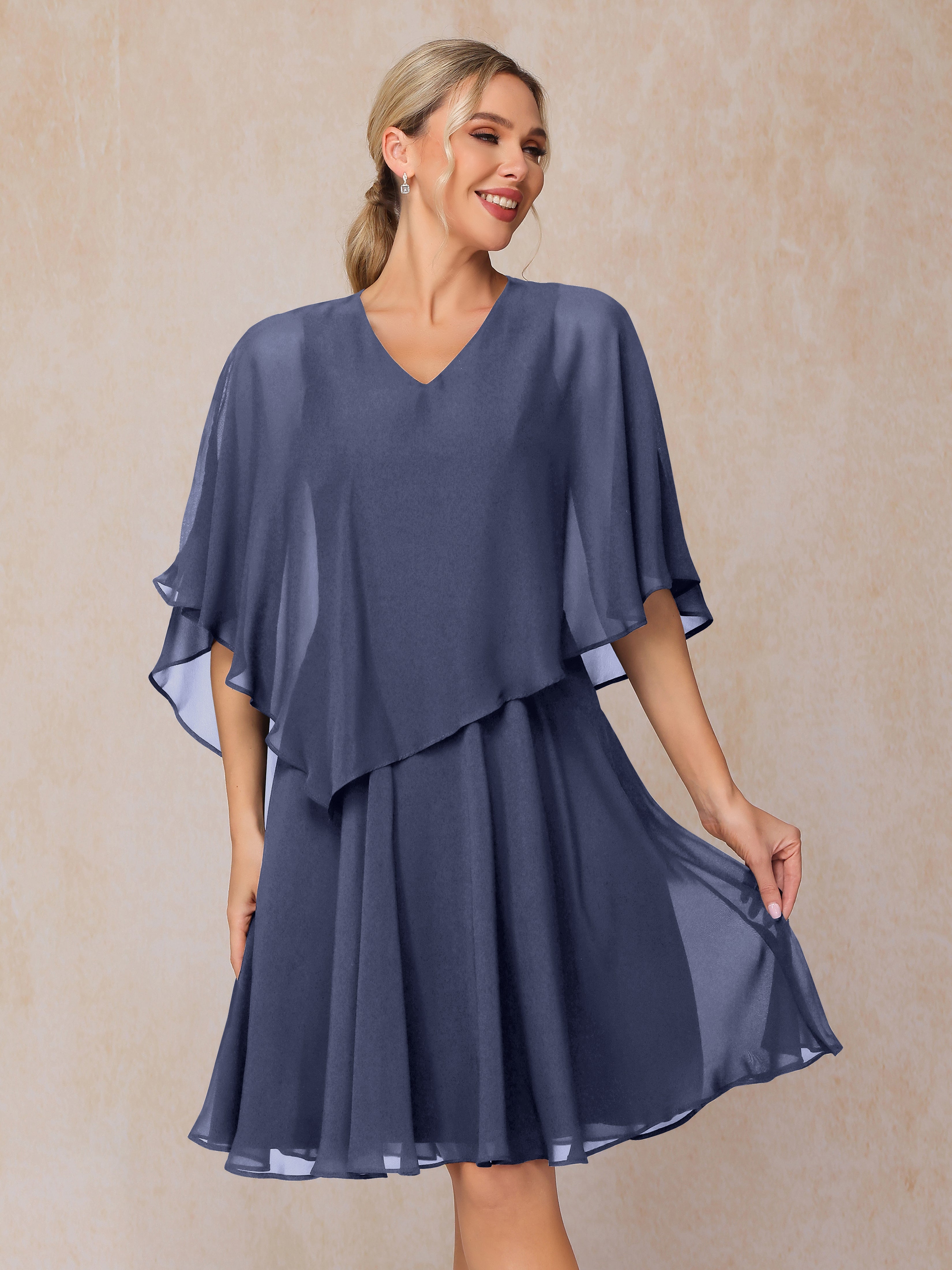 V Neck Short Sleeves Knee Length Chiffon Mother Of The Groom Dress