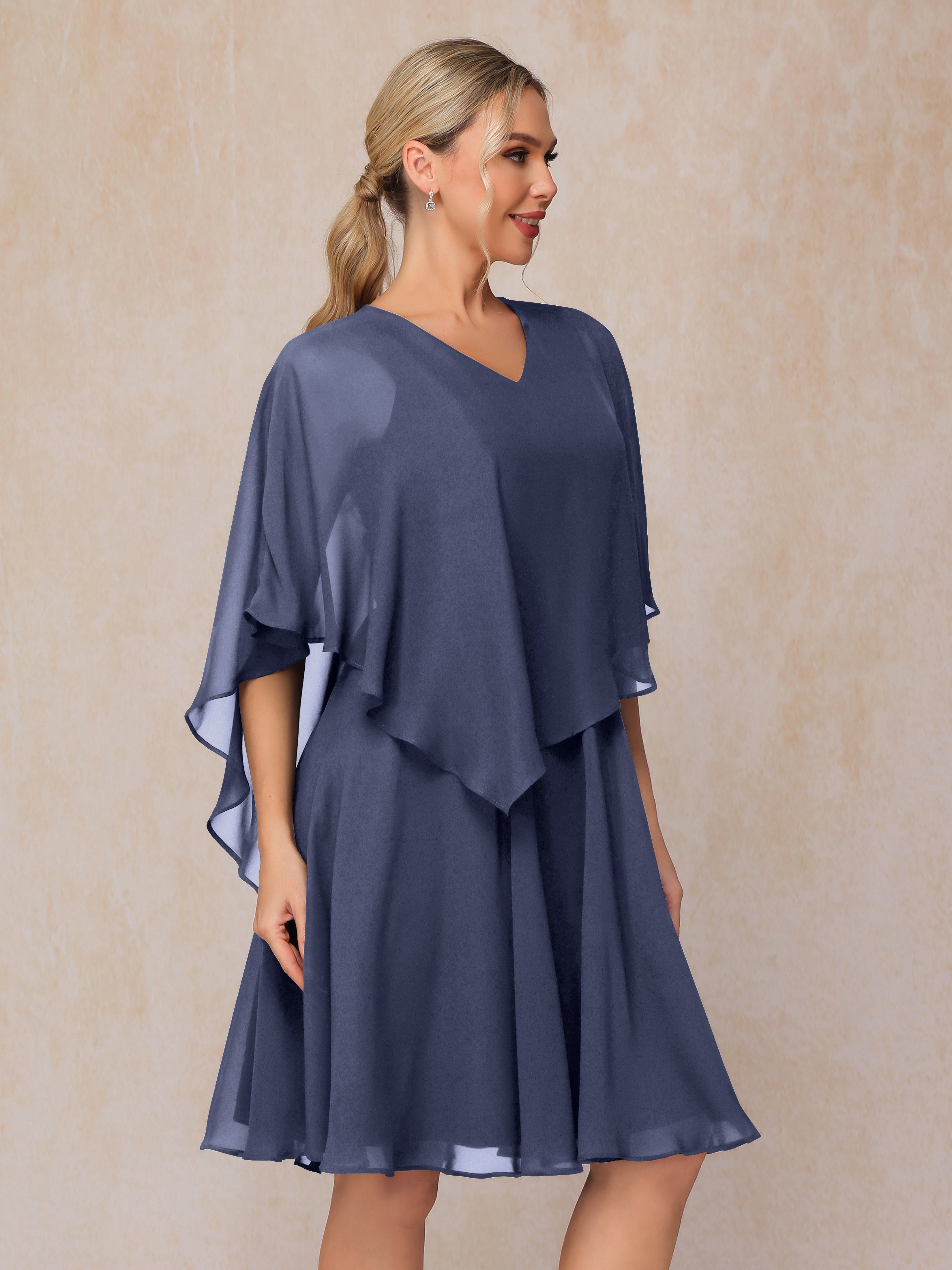 V Neck Short Sleeves Knee Length Chiffon Mother Of The Bride Dress