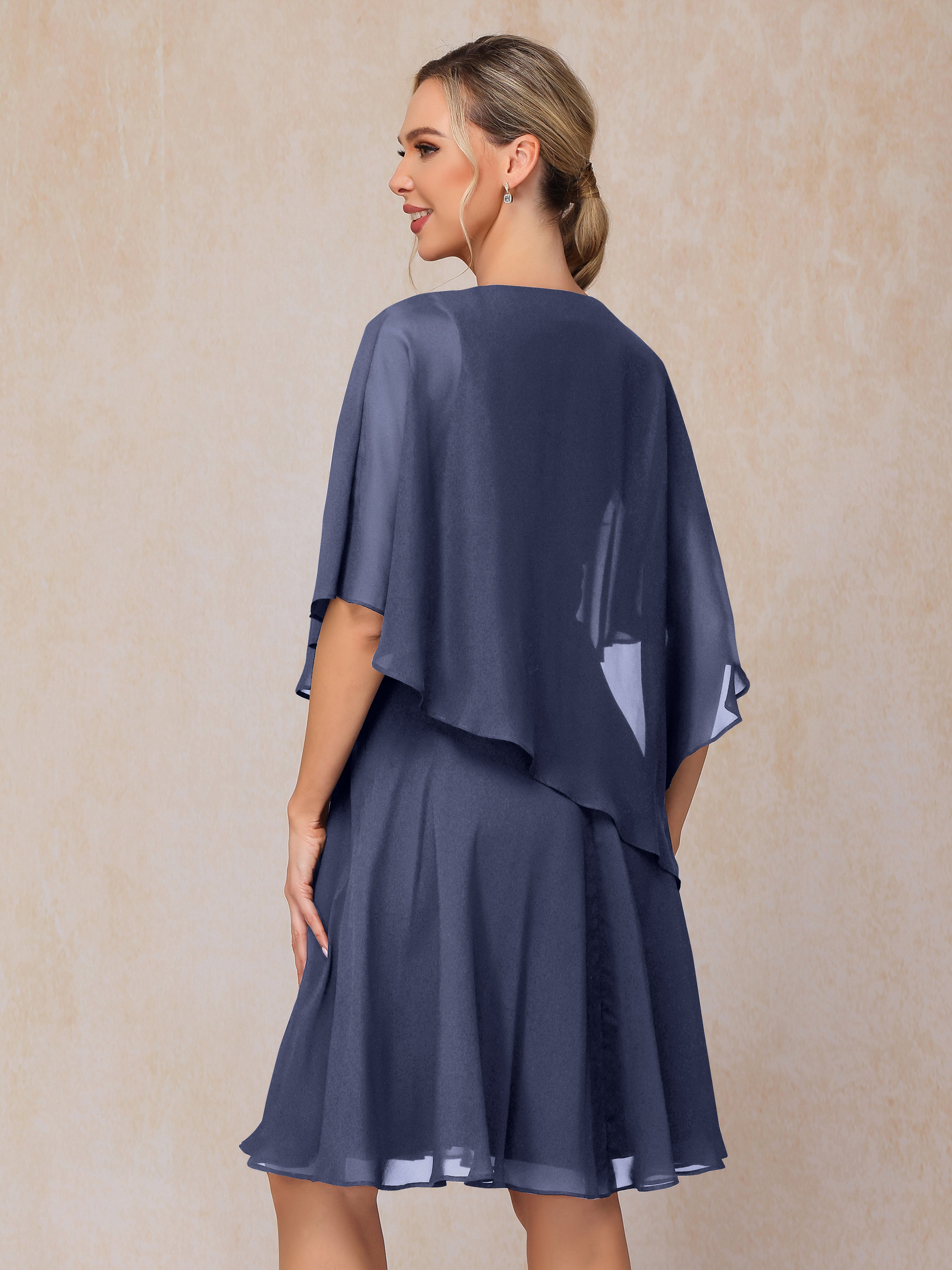 V Neck Short Sleeves Knee Length Chiffon Mother Of The Bride Dress