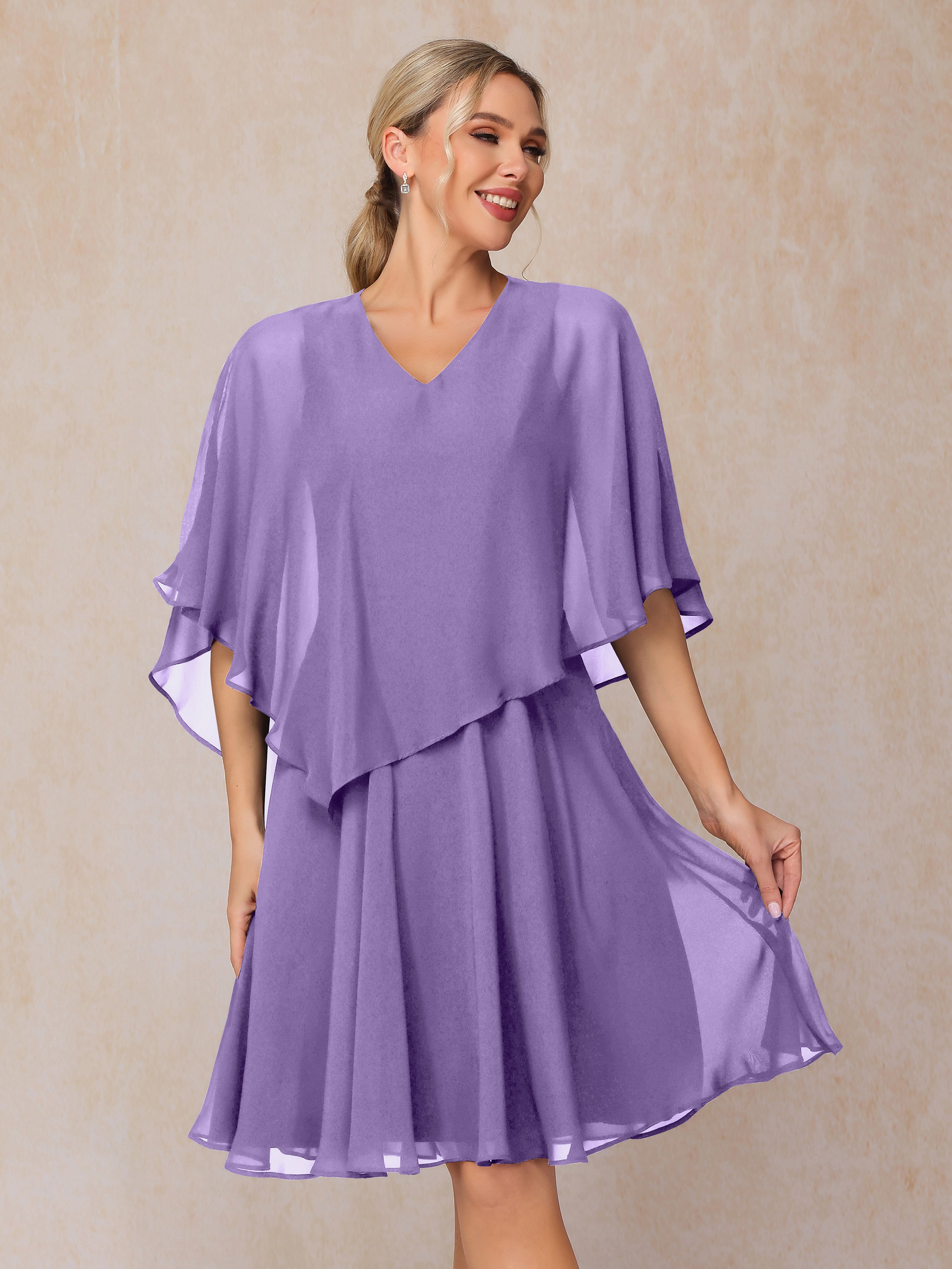V Neck Short Sleeves Knee Length Chiffon Mother Of The Bride Dress