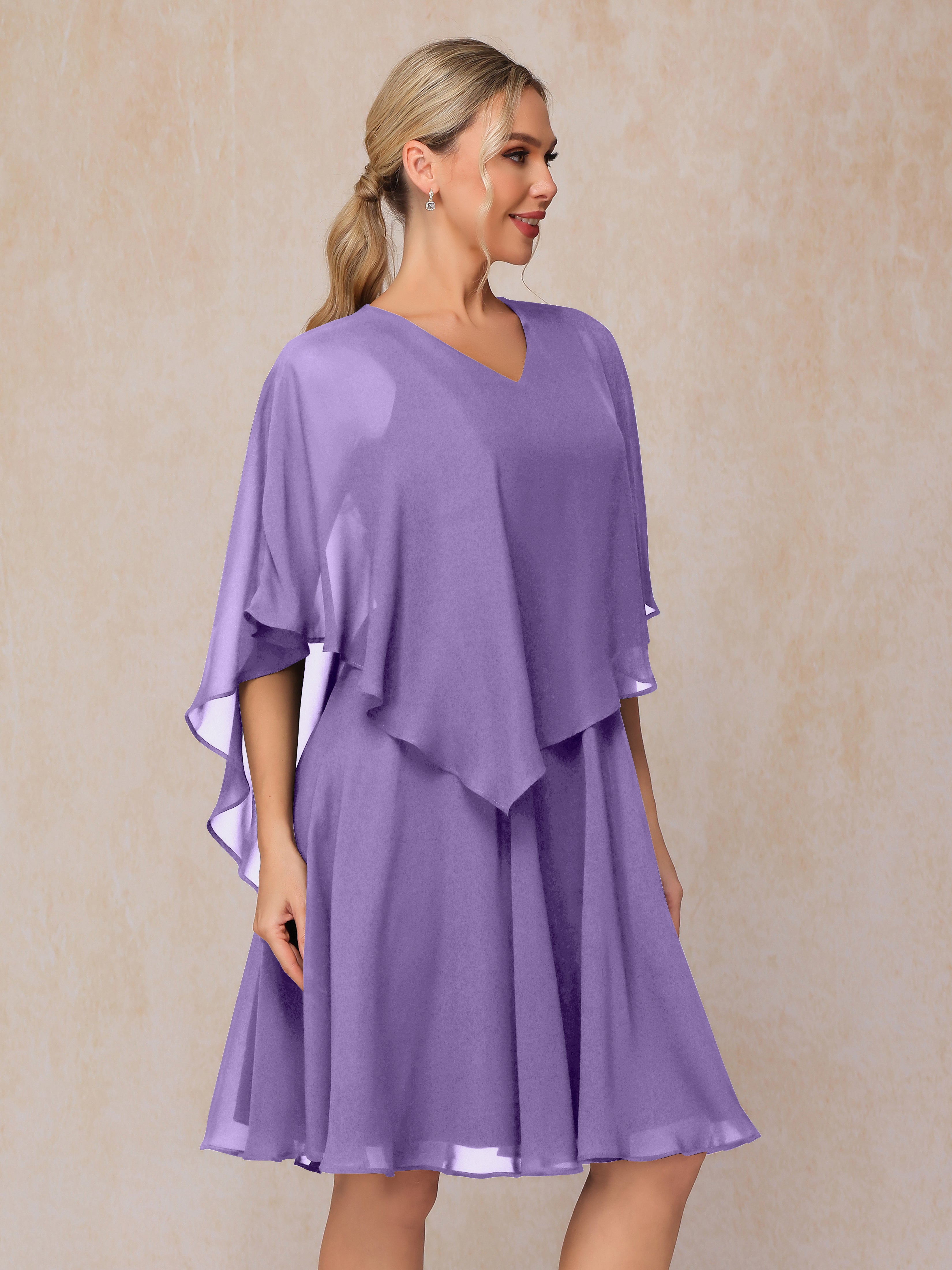 V Neck Short Sleeves Knee Length Chiffon Mother Of The Bride Dress