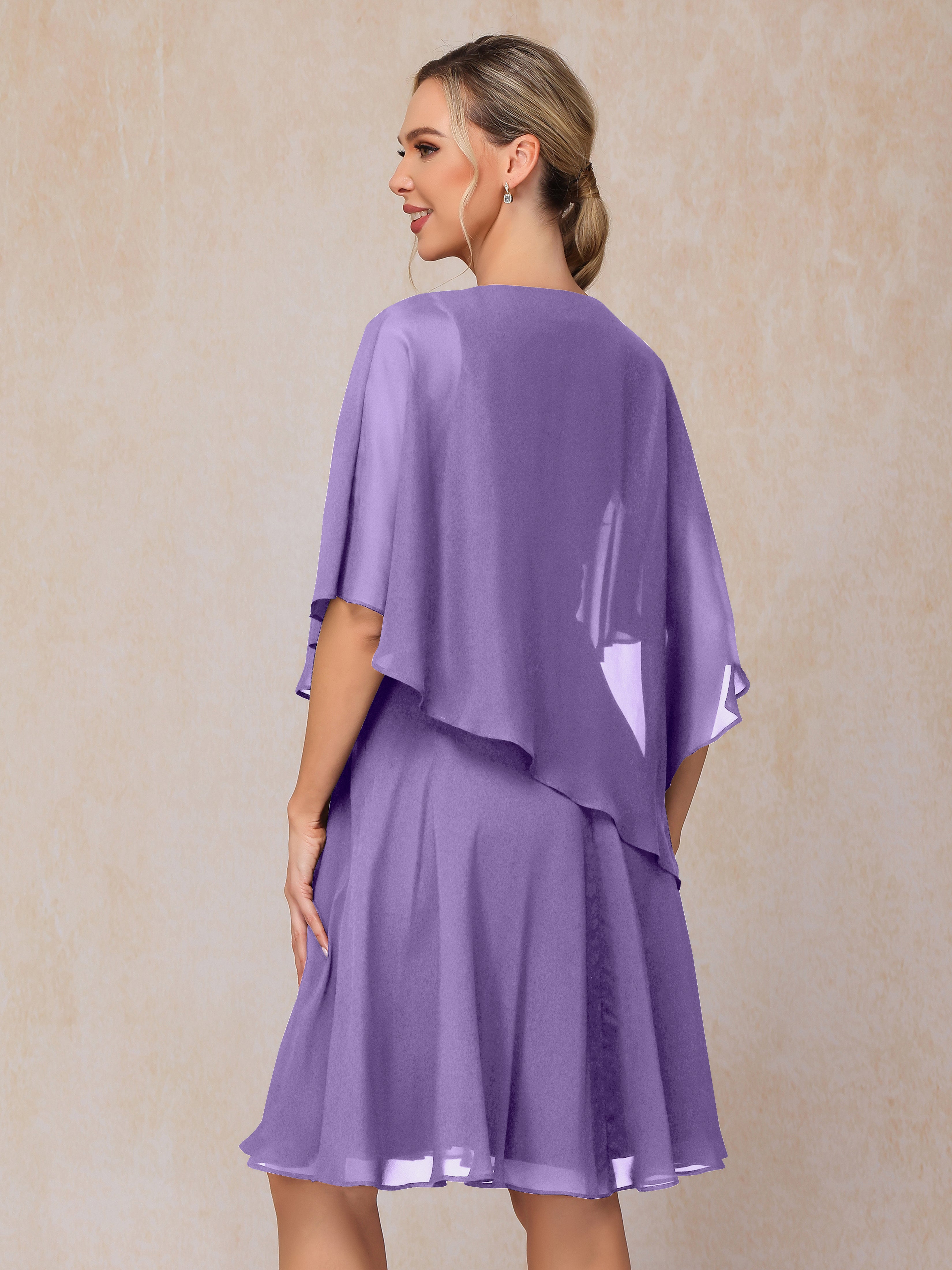 V Neck Short Sleeves Knee Length Chiffon Mother Of The Bride Dress