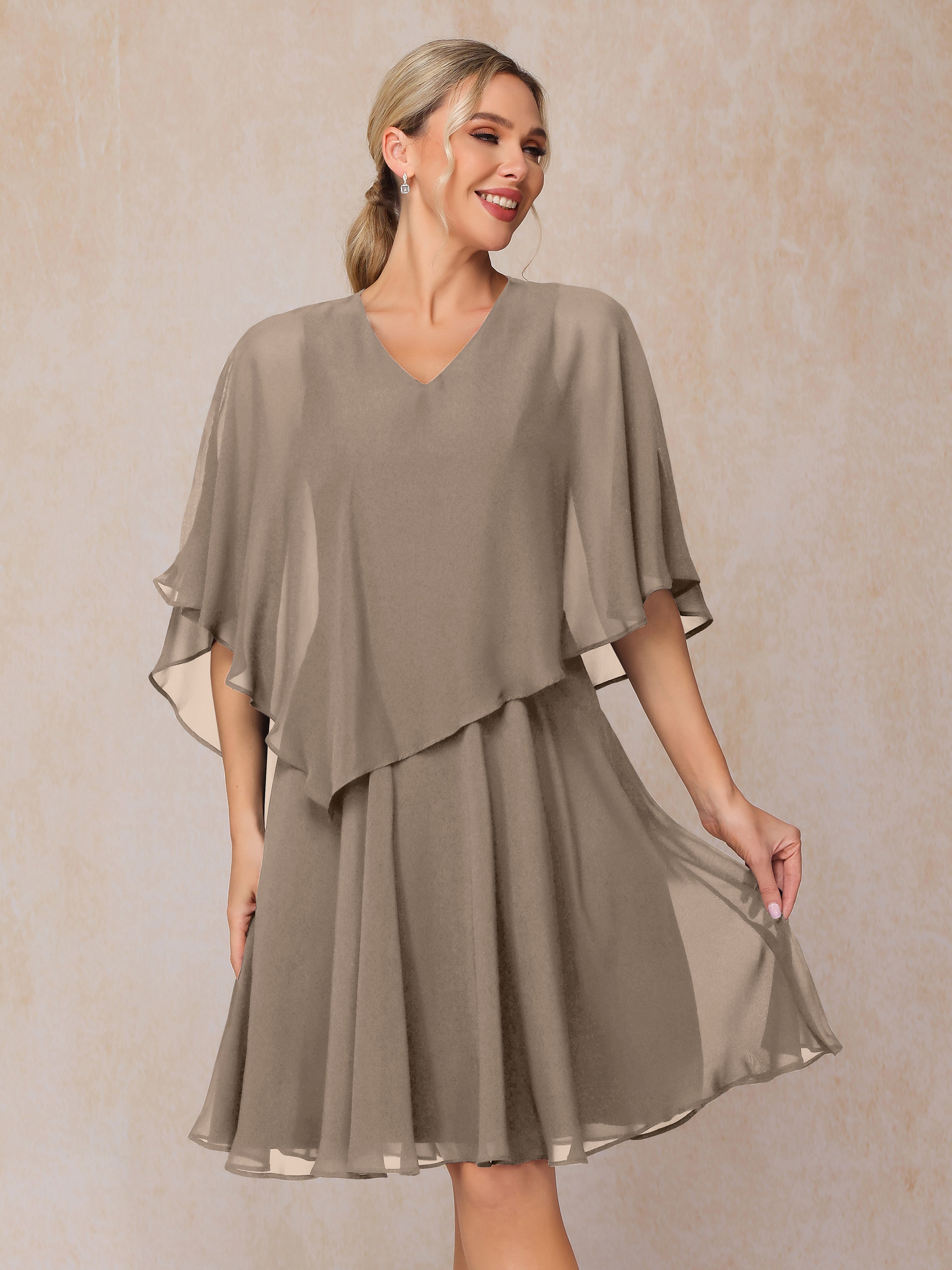 V Neck Short Sleeves Knee Length Chiffon Mother Of The Bride Dress