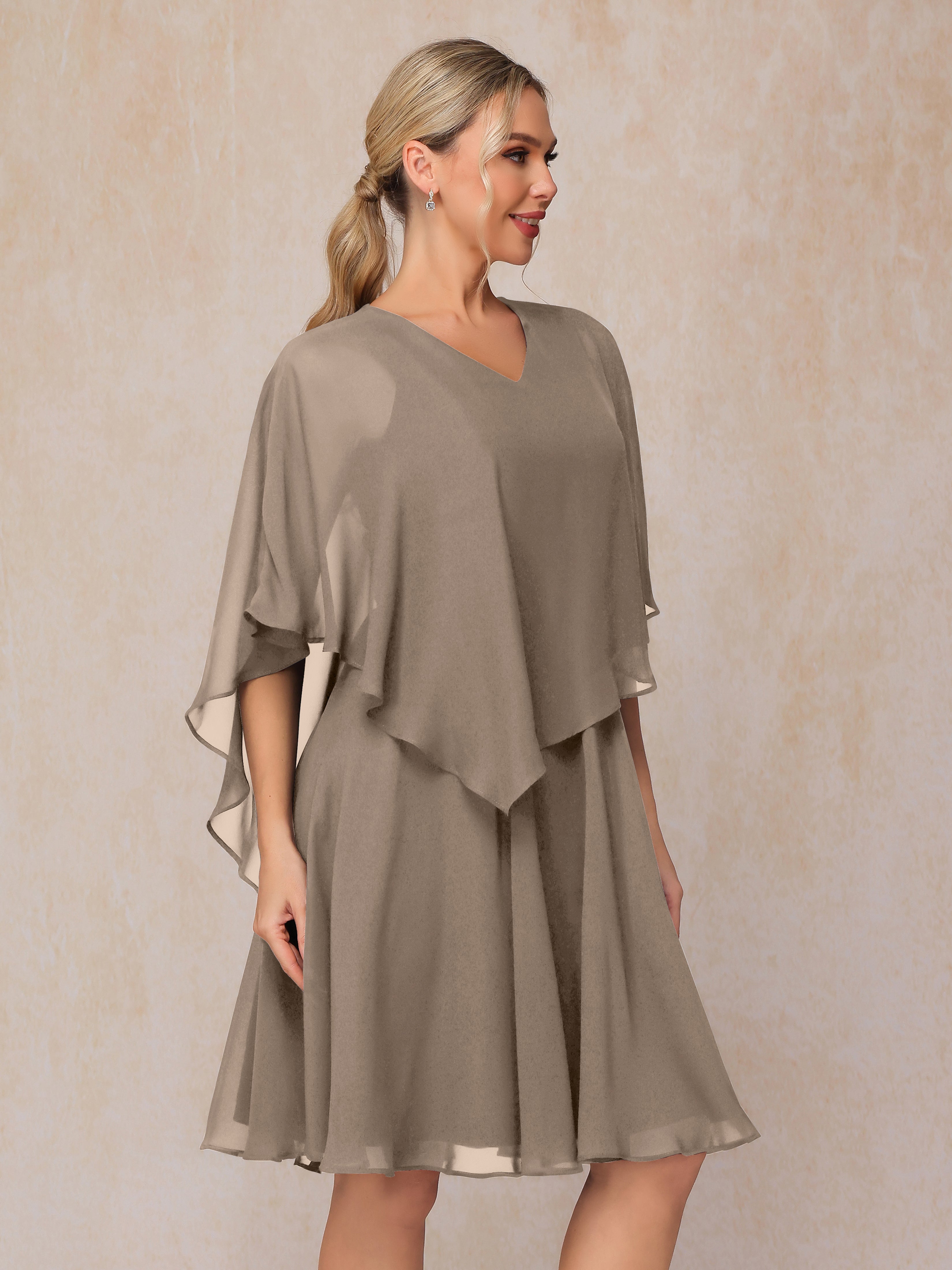 V Neck Short Sleeves Knee Length Chiffon Mother Of The Bride Dress